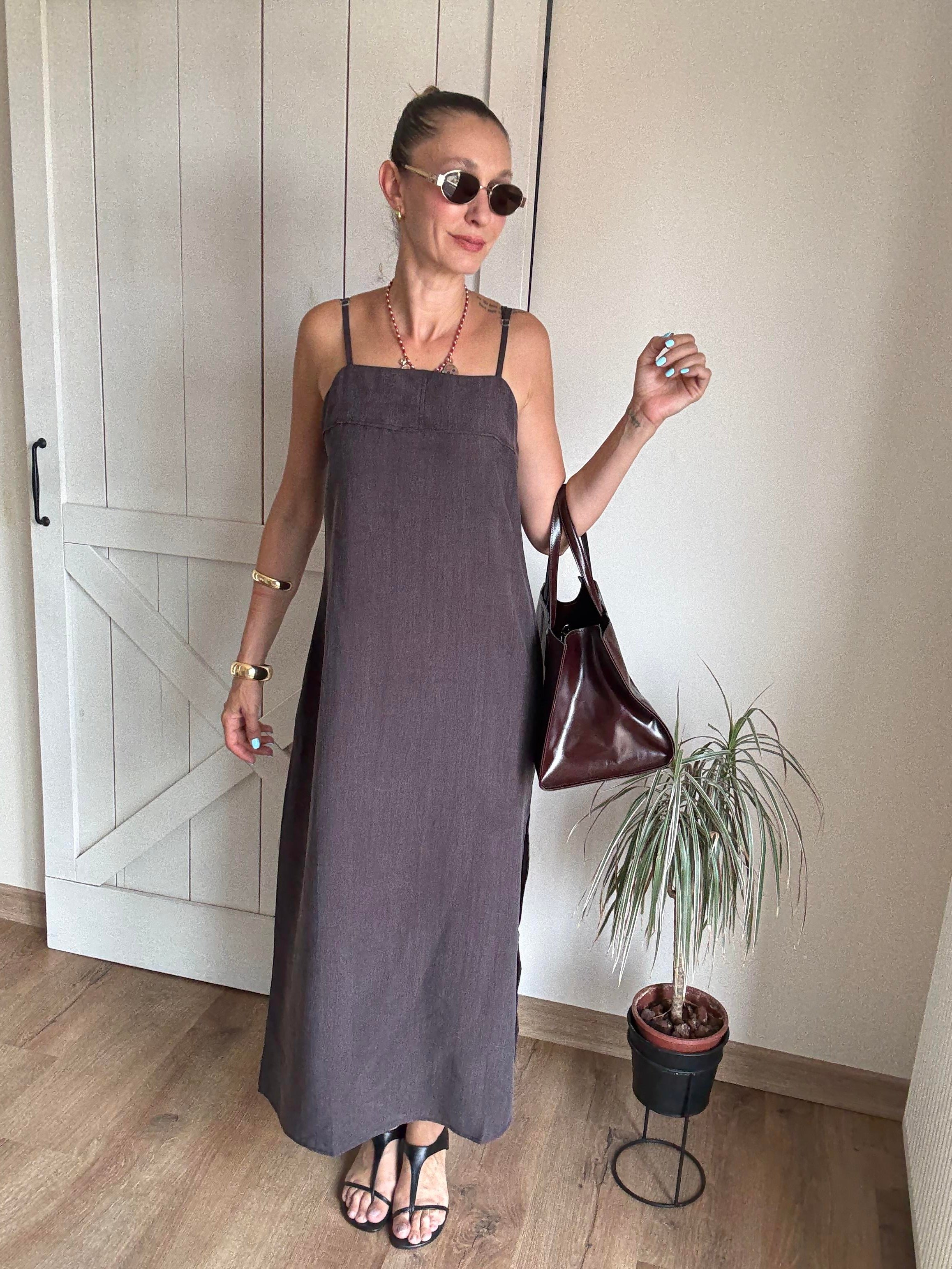 Kahve Tencel Yanı Yırtmaçlı Maxi Boy Elbise