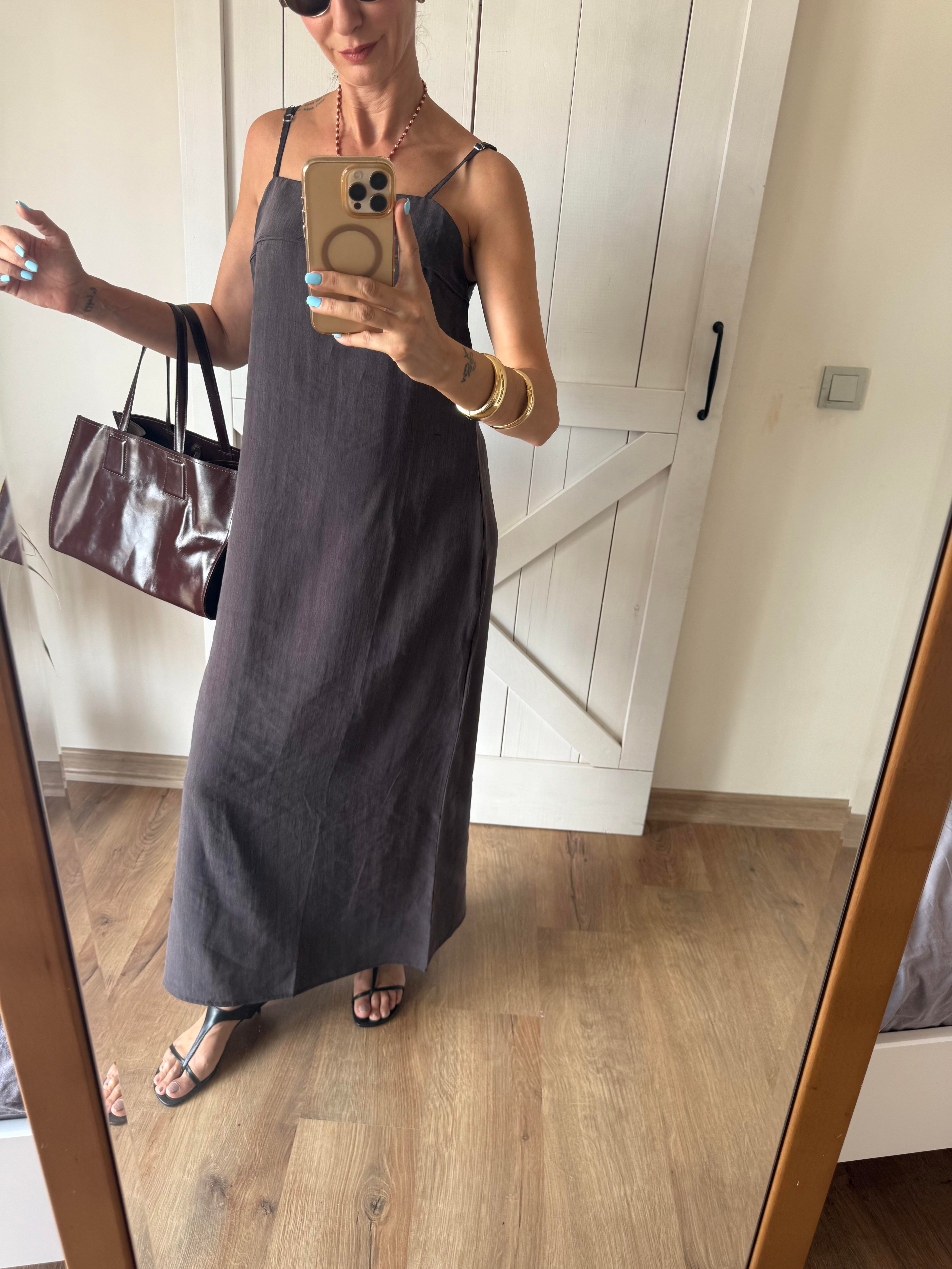 Kahve Tencel Yanı Yırtmaçlı Maxi Boy Elbise