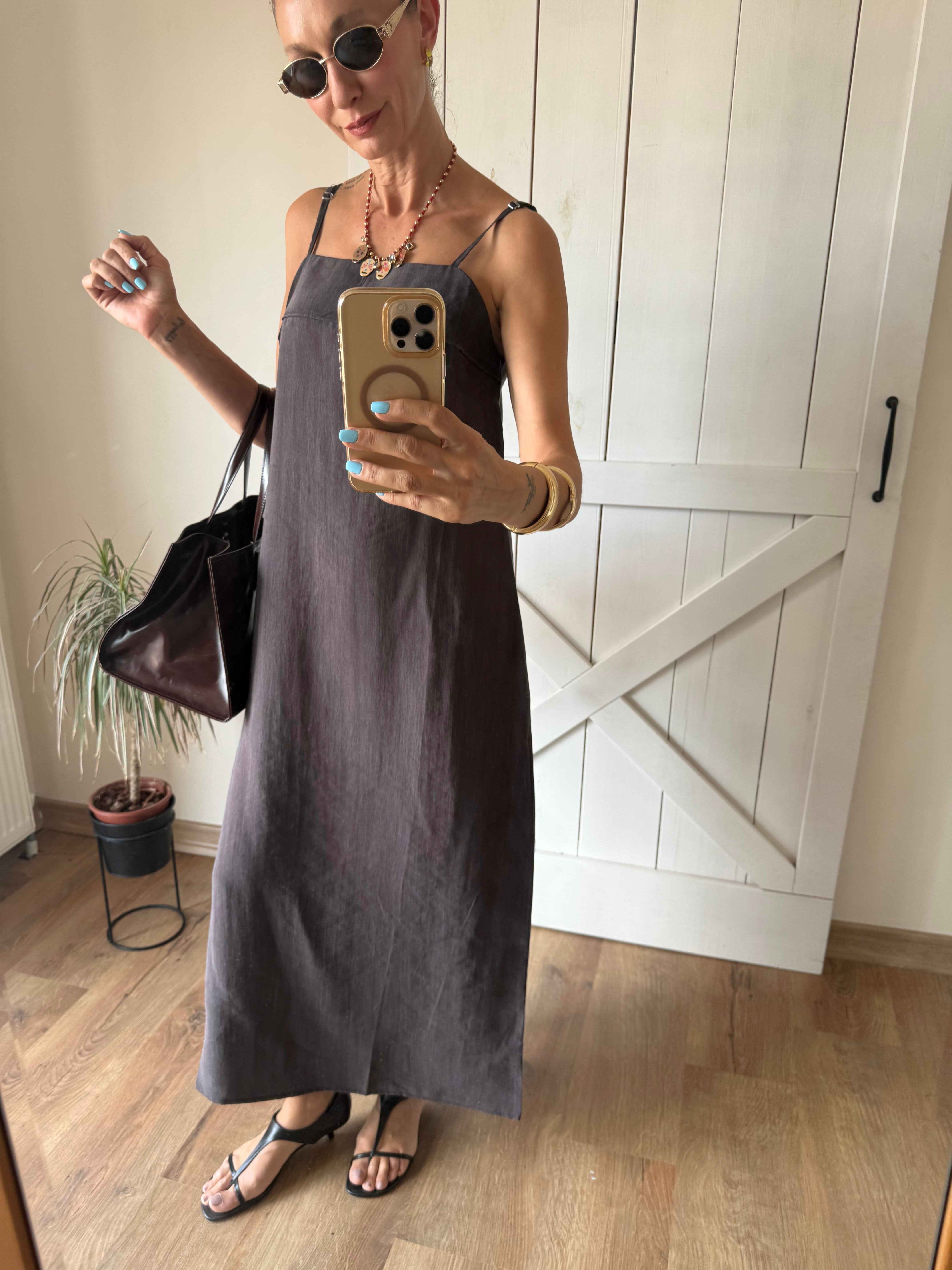 Kahve Tencel Yanı Yırtmaçlı Maxi Boy Elbise