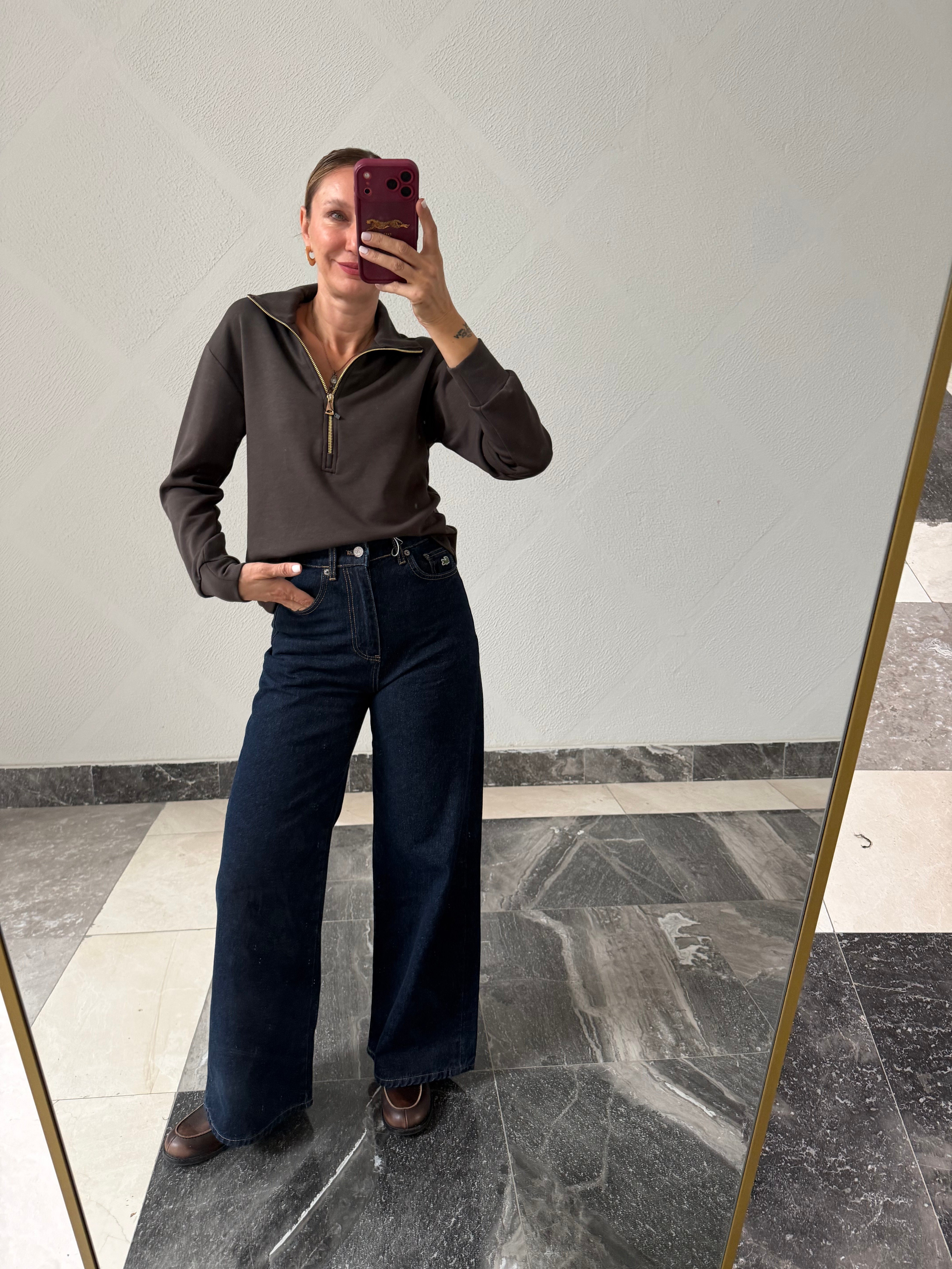 Kahve Work Gold Fermuarlı Modal Üst
