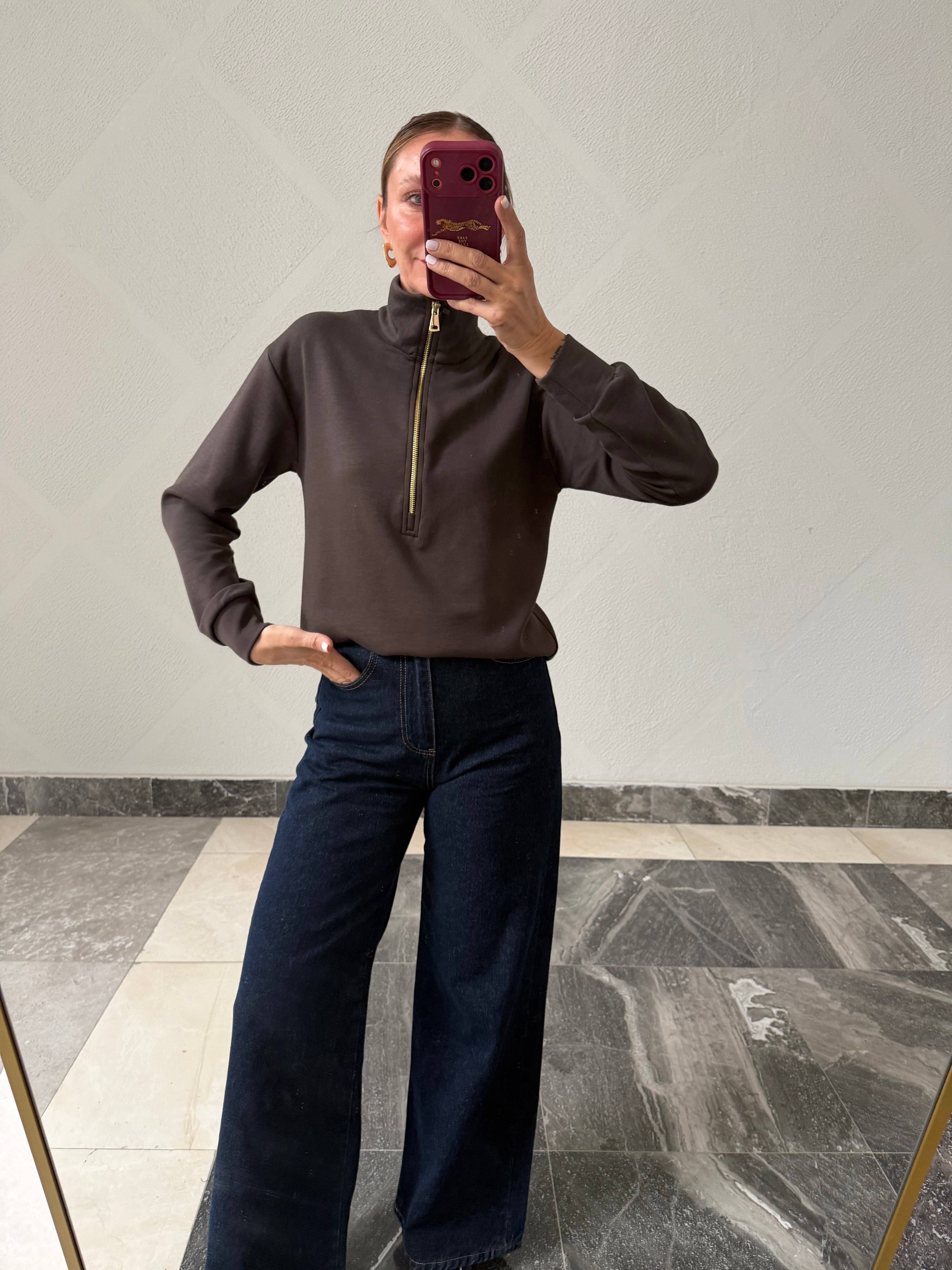 Kahve Work Gold Fermuarlı Modal Üst