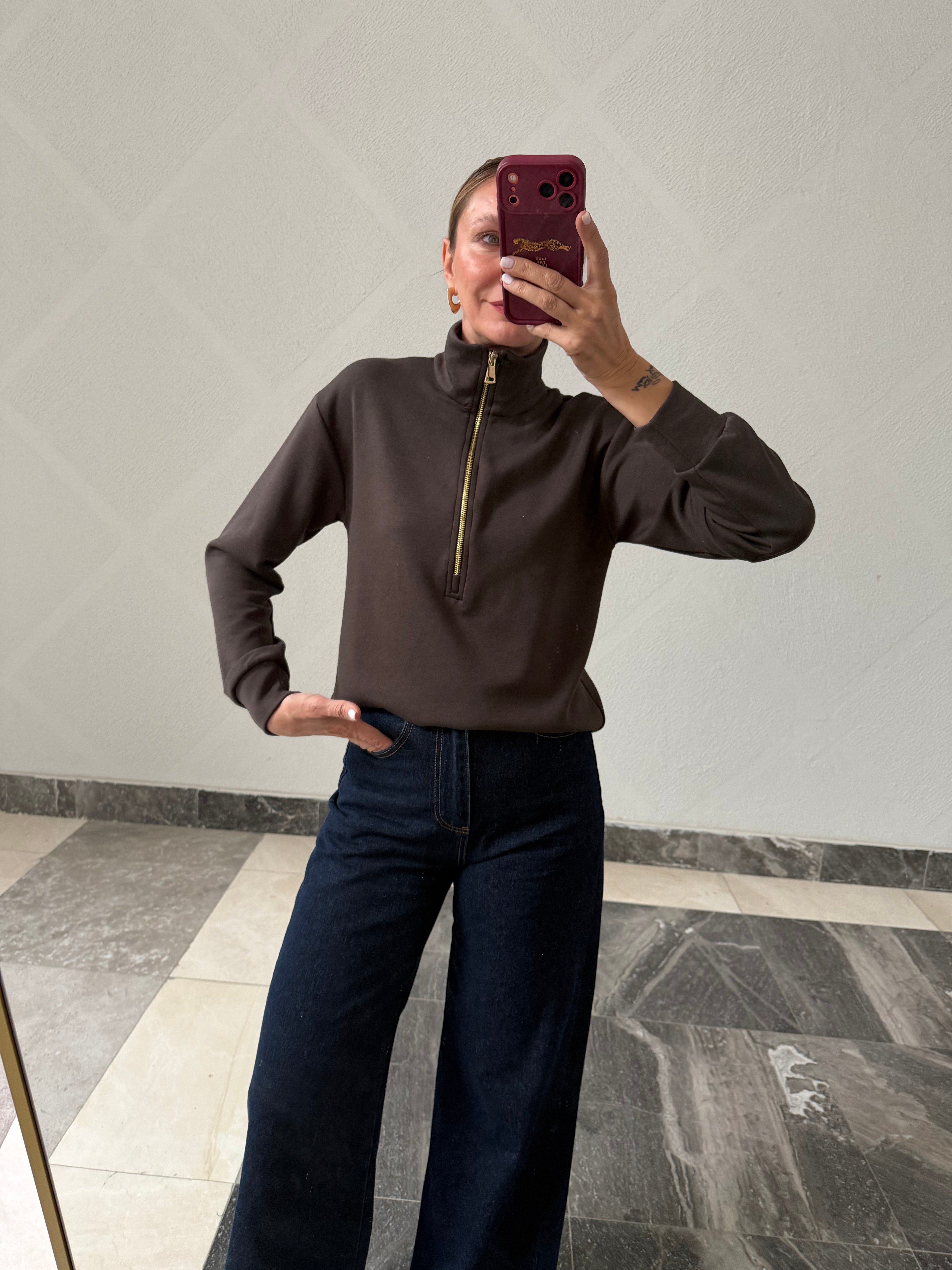 Kahve Work Gold Fermuarlı Modal Üst