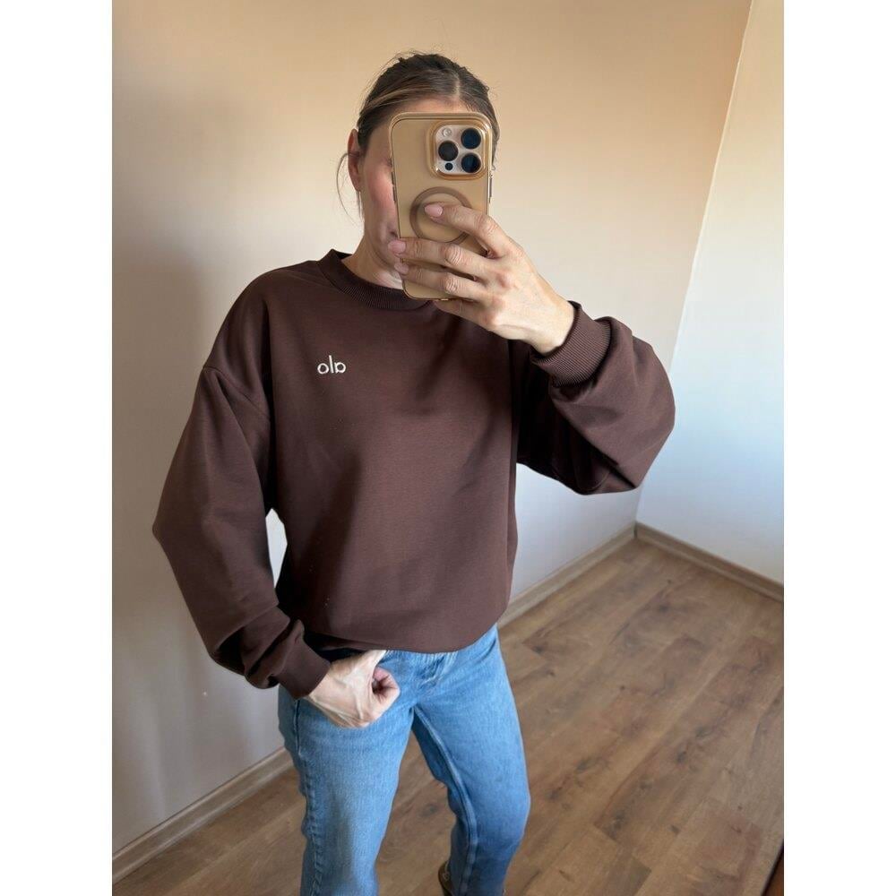 Kahverengi Baskı Detaylı Bisiklet Yaka Kadın Sweatshirt 