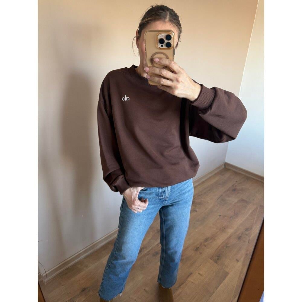 Kahverengi Baskı Detaylı Bisiklet Yaka Kadın Sweatshirt 