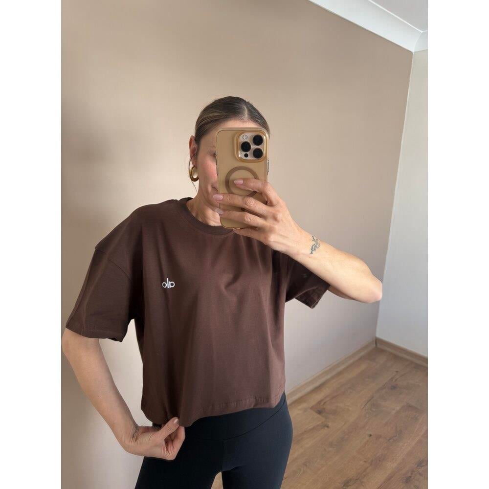 Kahverengi Nakışlı Premium Pamuklu Kumaş  Tshirt