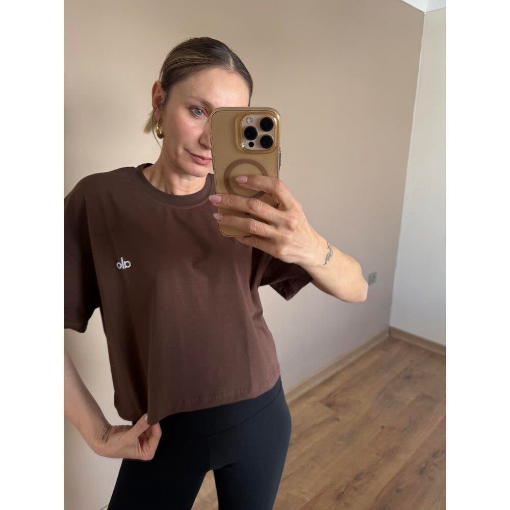 Kahverengi Nakışlı Premium Pamuklu Kumaş  Tshirt