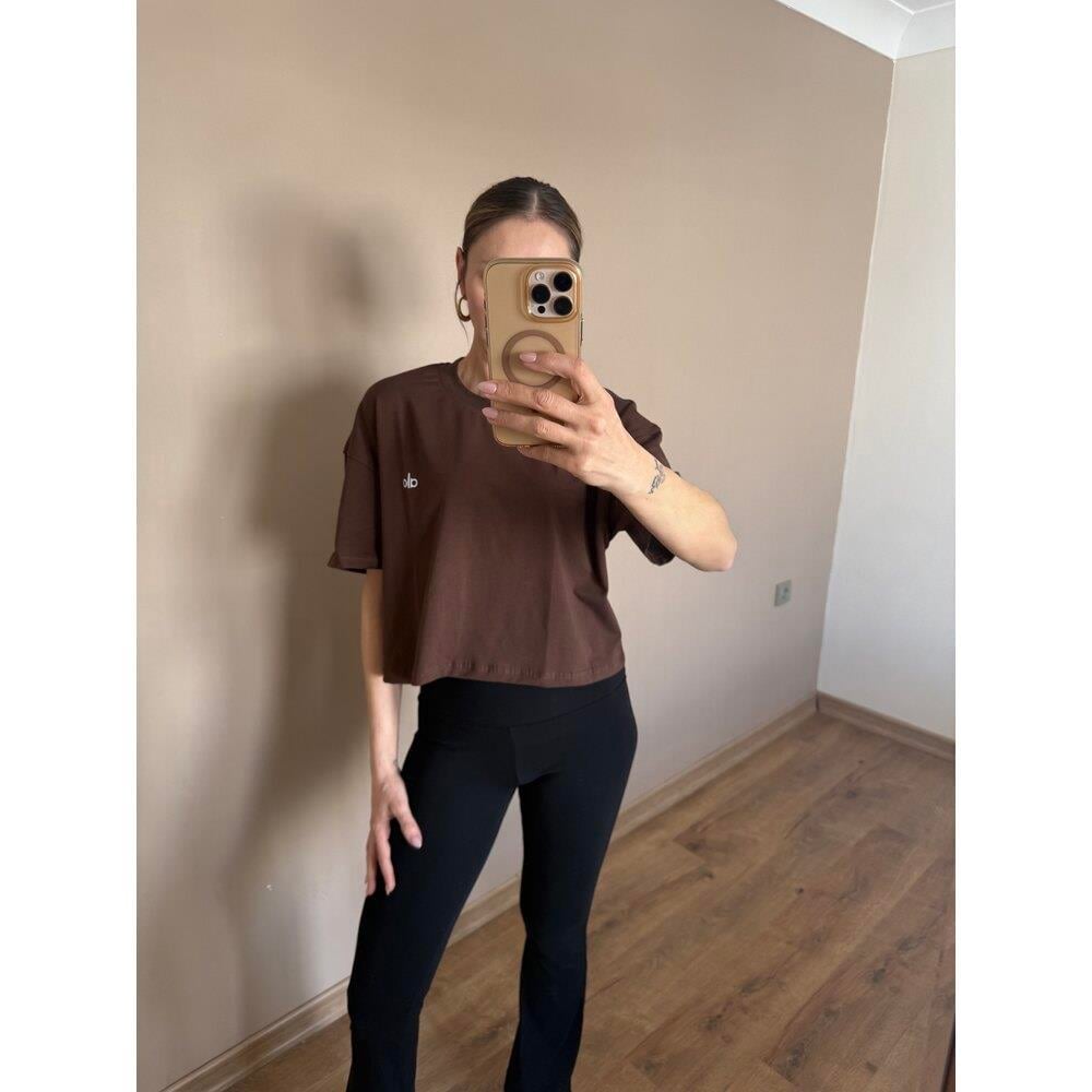 Kahverengi Nakışlı Premium Pamuklu Kumaş  Tshirt