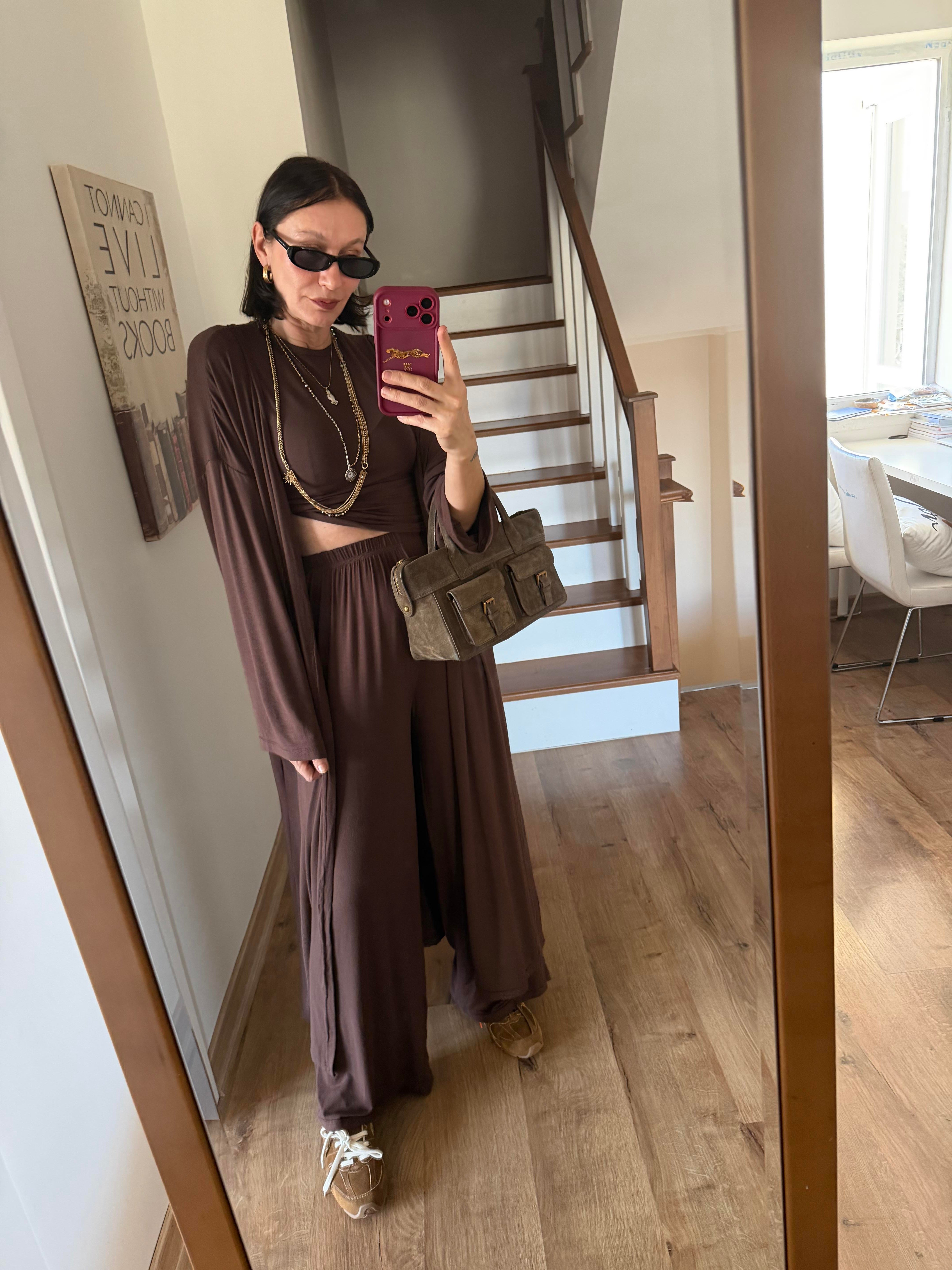 Kahverengi Üçlü Basic Kimono Takım