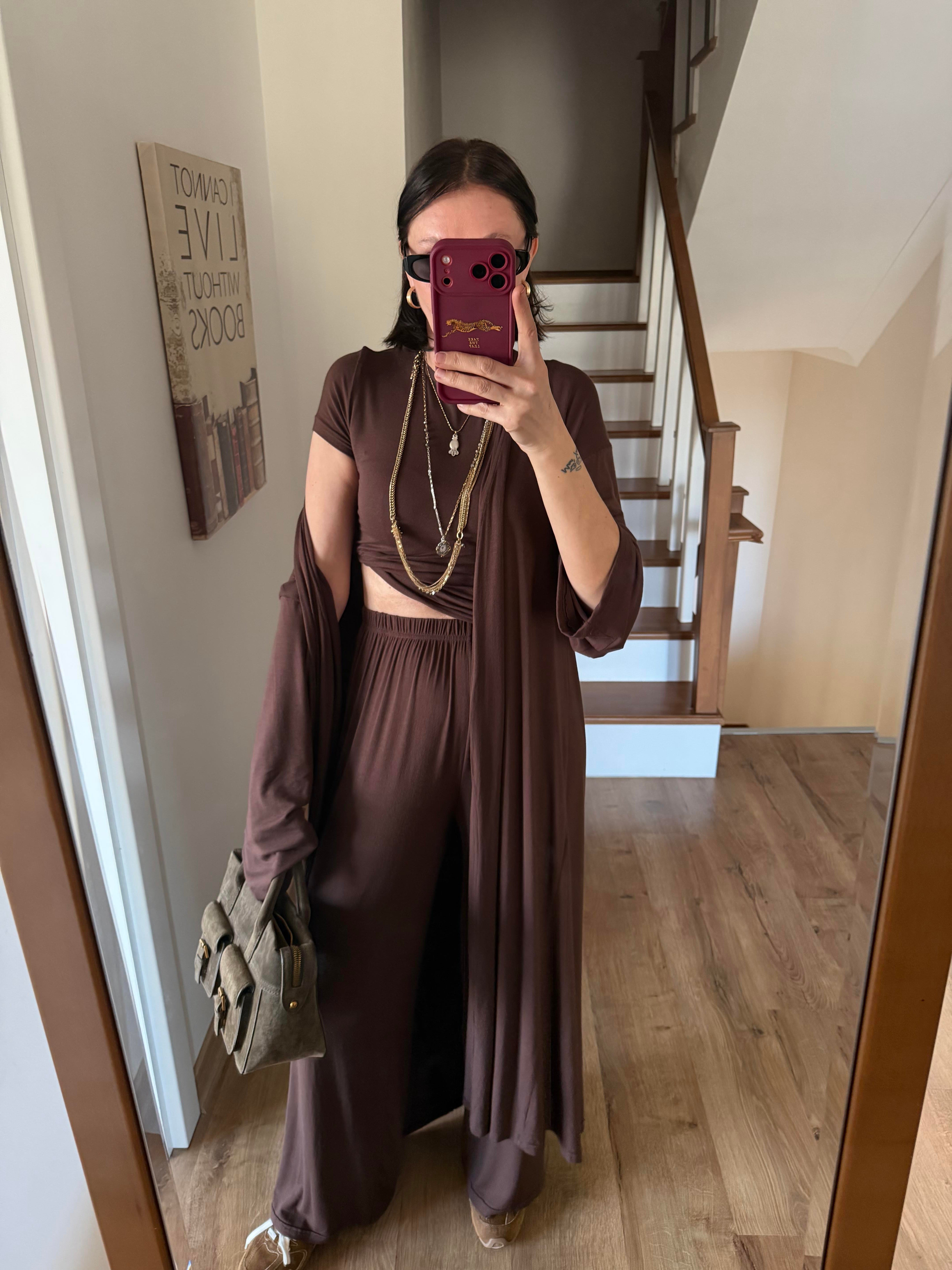 Kahverengi Üçlü Basic Kimono Takım