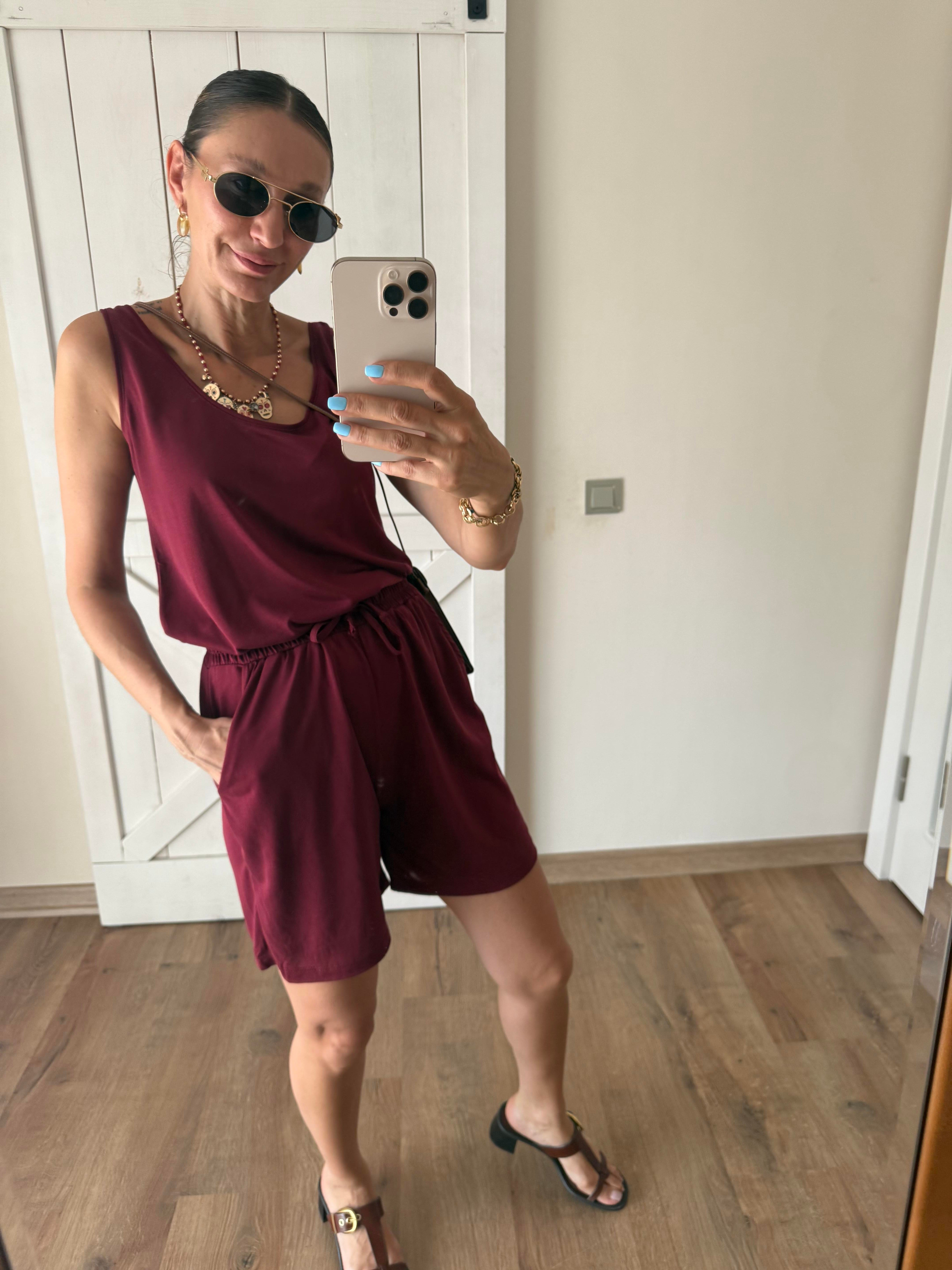 Kalın Askılı Oyş Modal Şort Bluz Takım Bordo