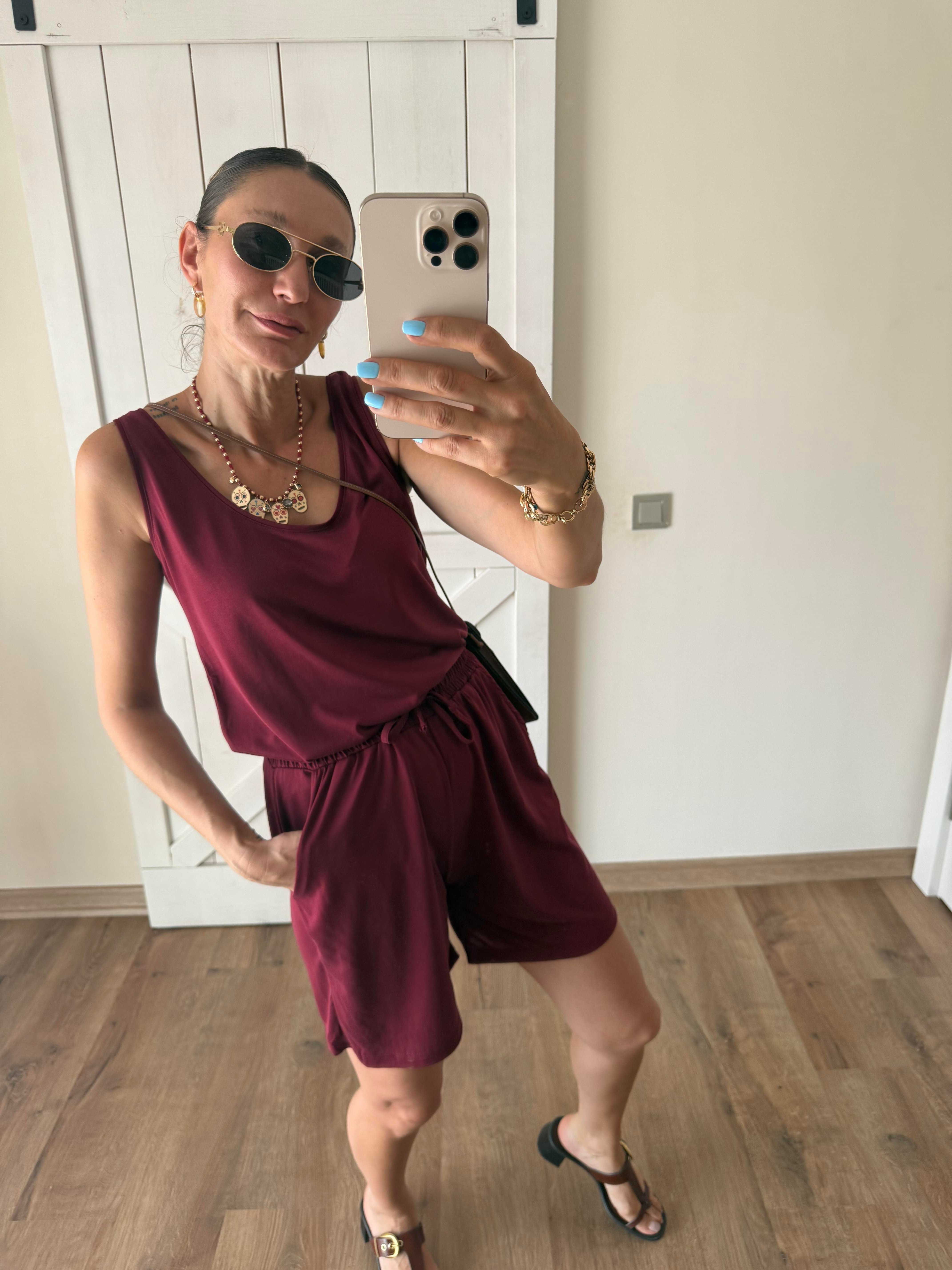 Kalın Askılı Oyş Modal Şort Bluz Takım Bordo