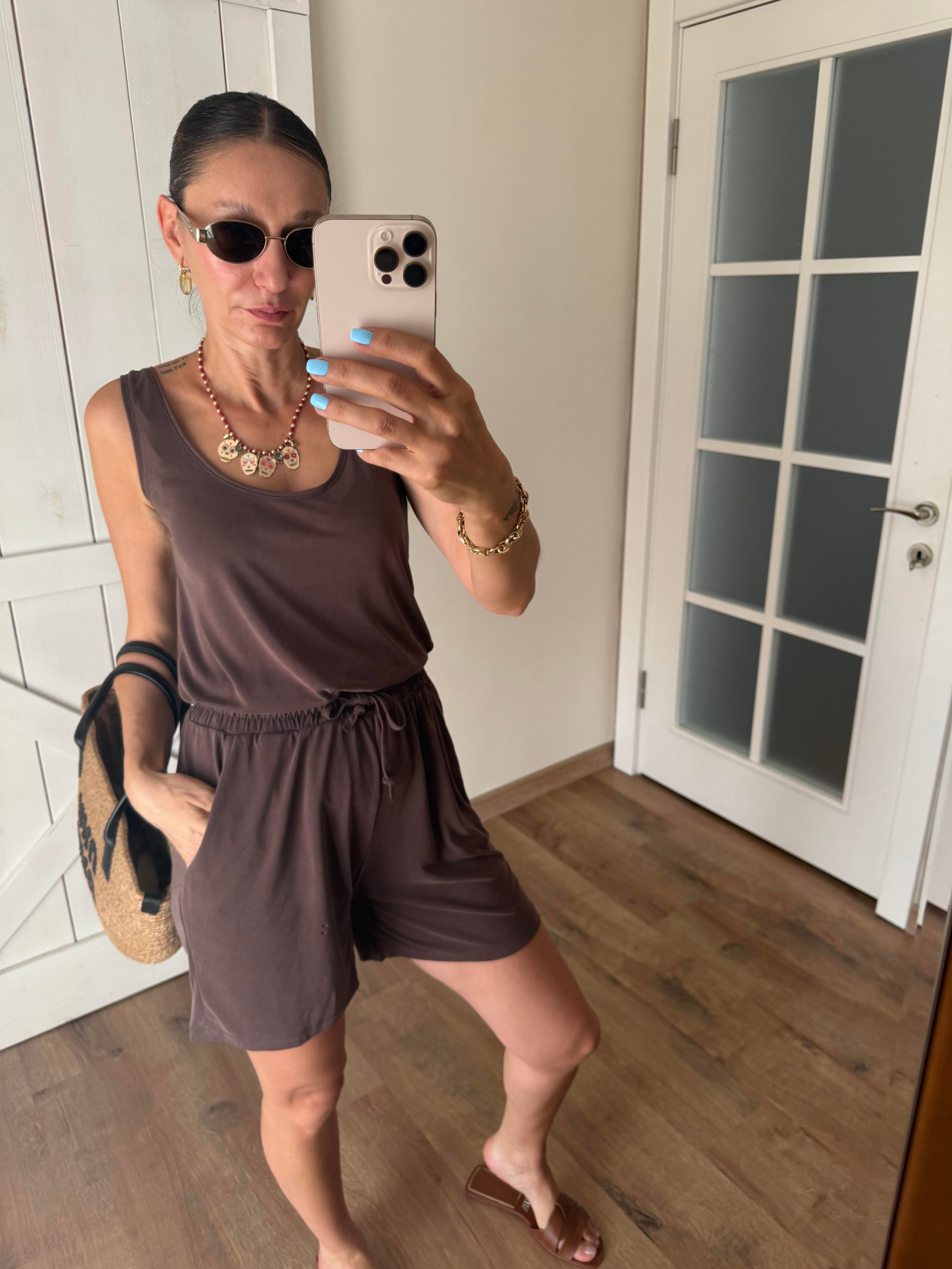 Kalın Askılı Şort Atlet Oyş Kahve Takım