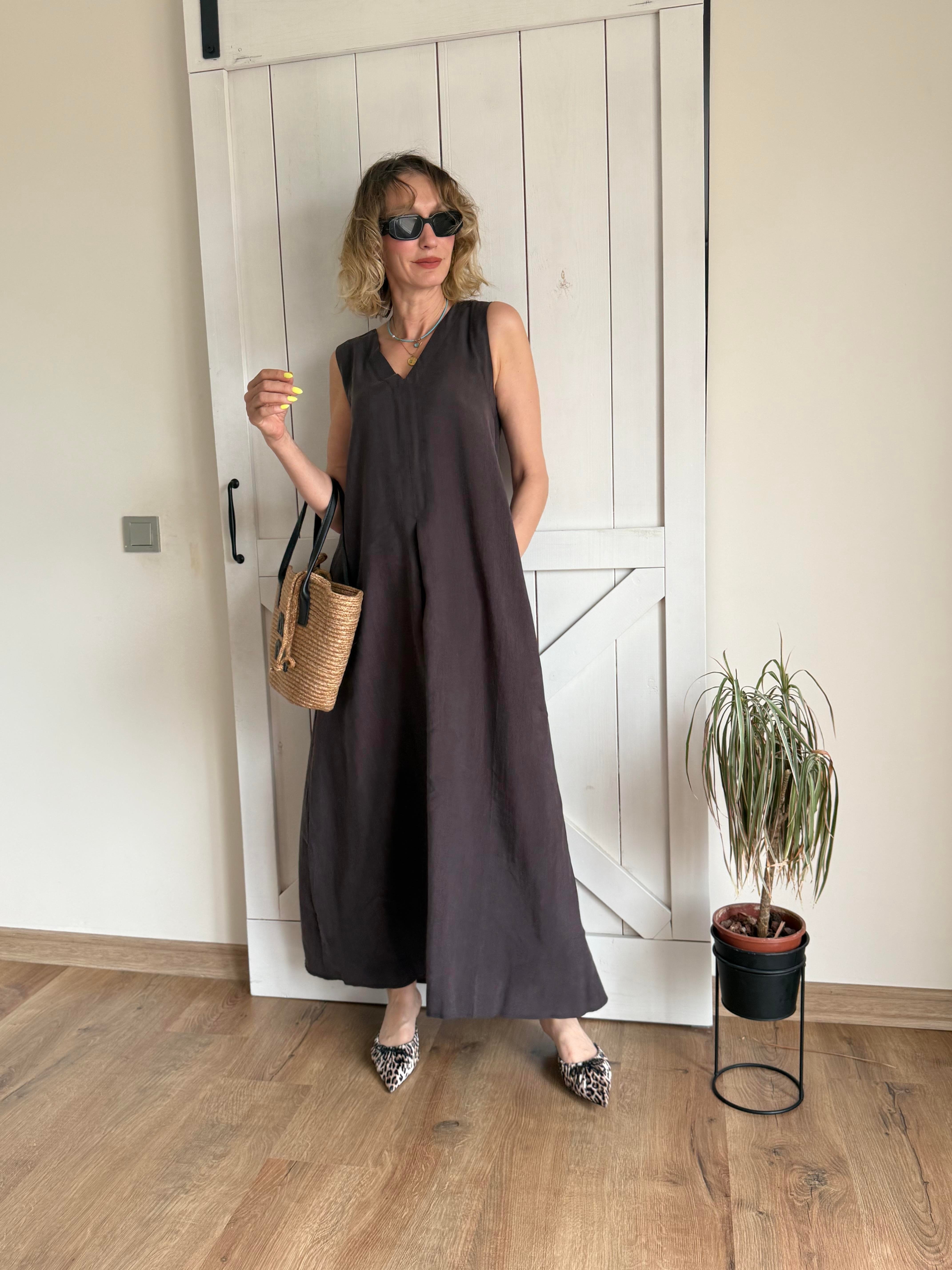 Kalın Askılı V Yaka Max Boy Kahve Kos Elbise