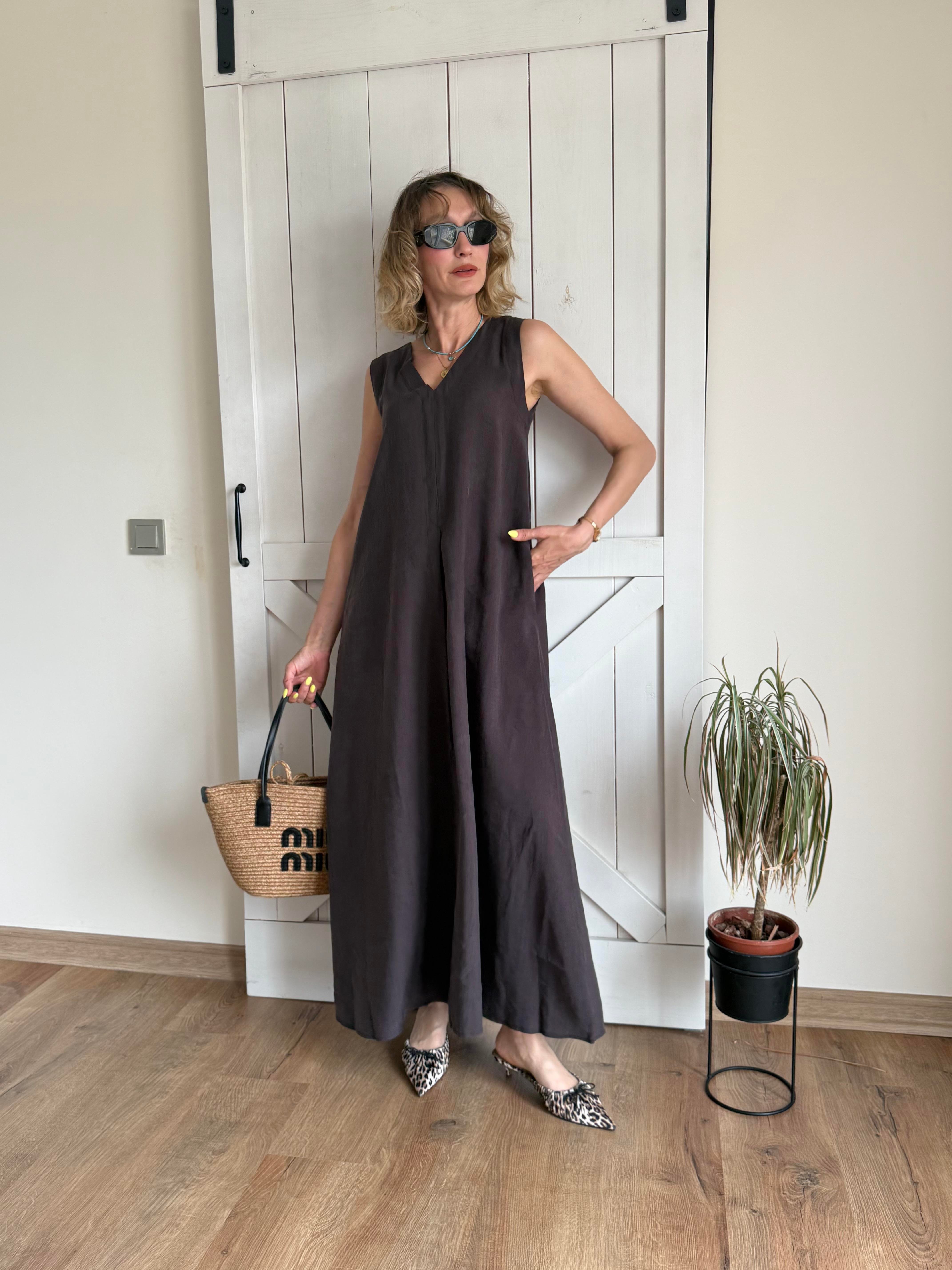 Kalın Askılı V Yaka Max Boy Kahve Kos Elbise