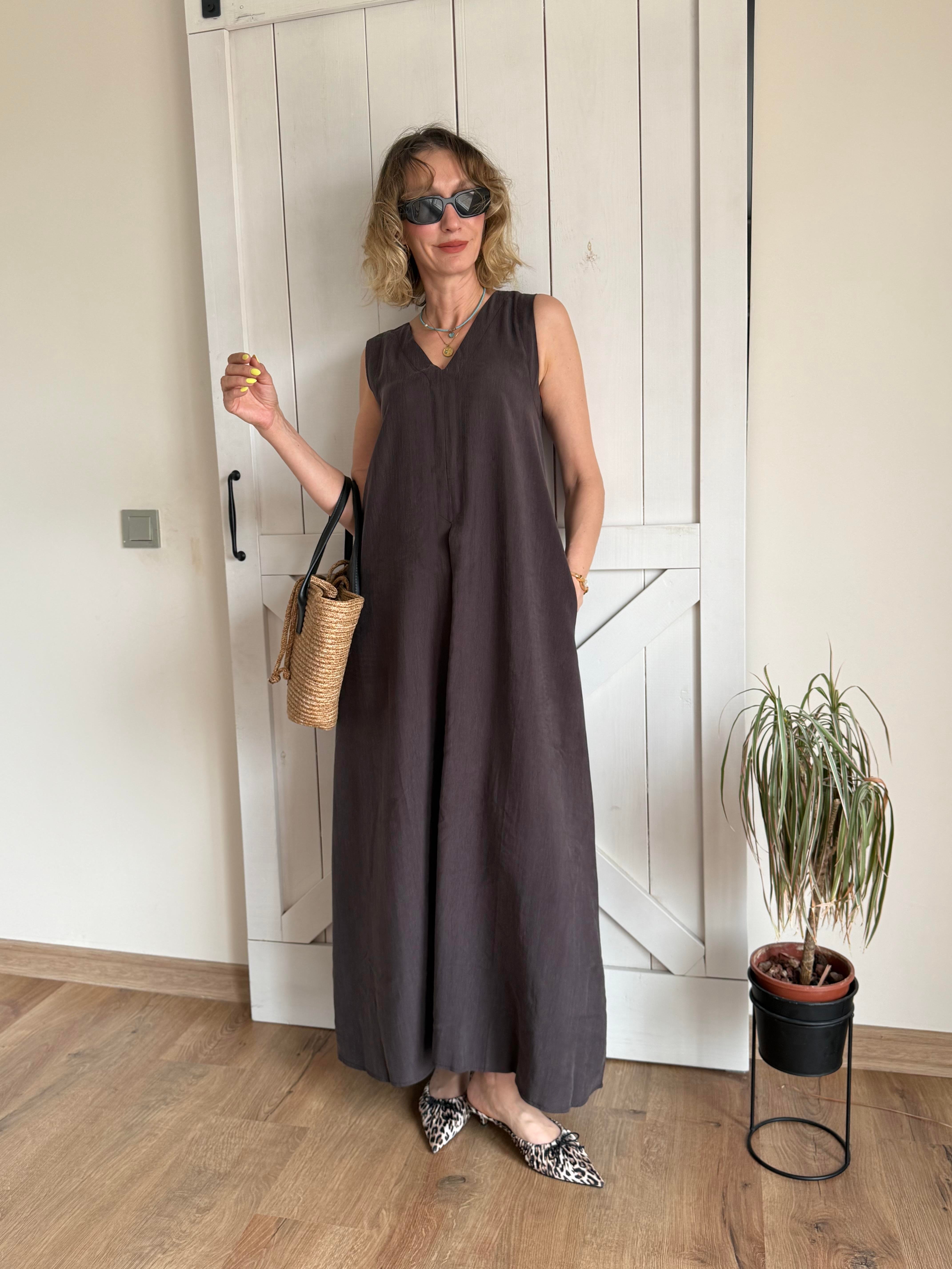 Kalın Askılı V Yaka Max Boy Kahve Kos Elbise