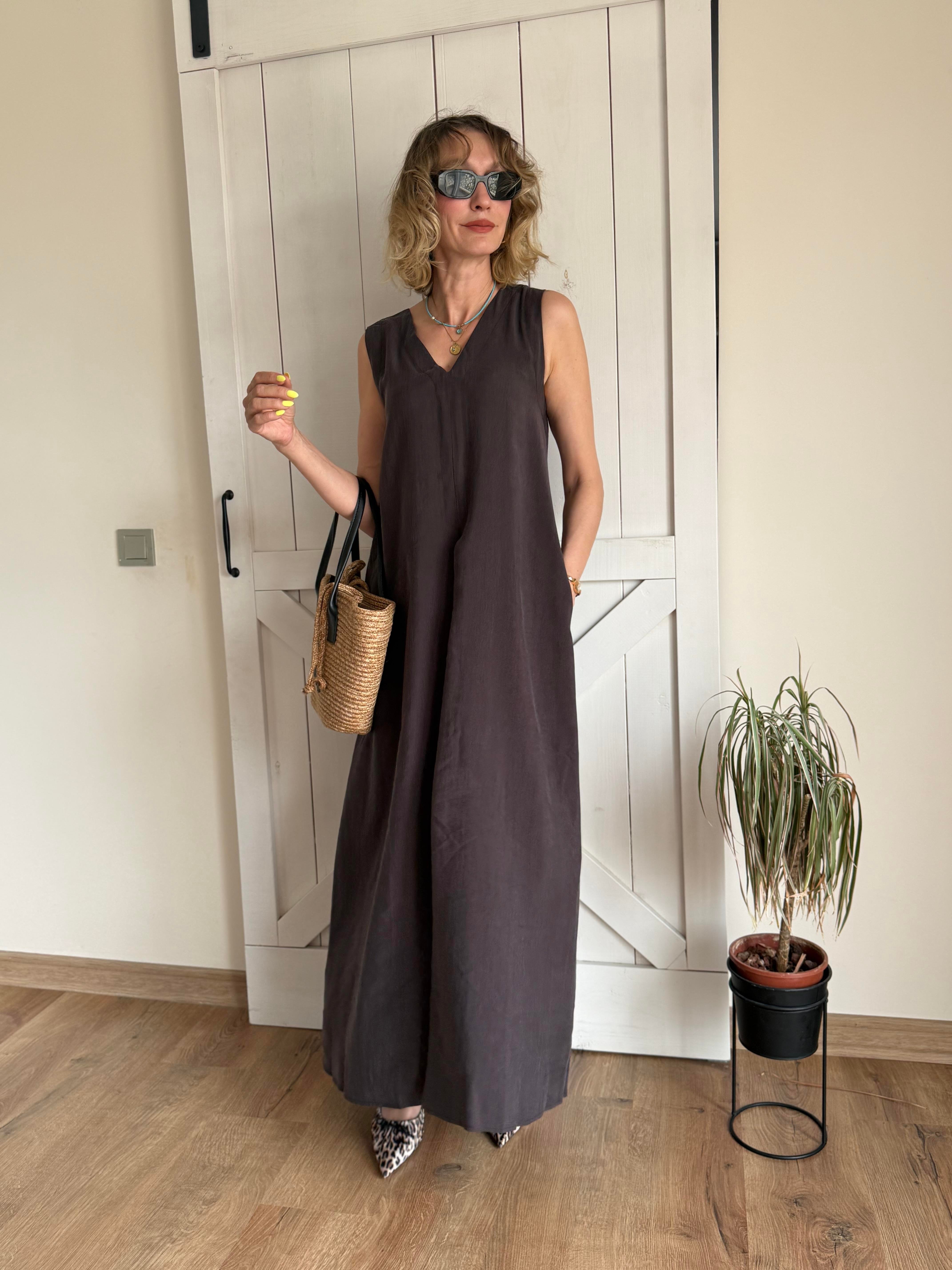 Kalın Askılı V Yaka Max Boy Kahve Kos Elbise