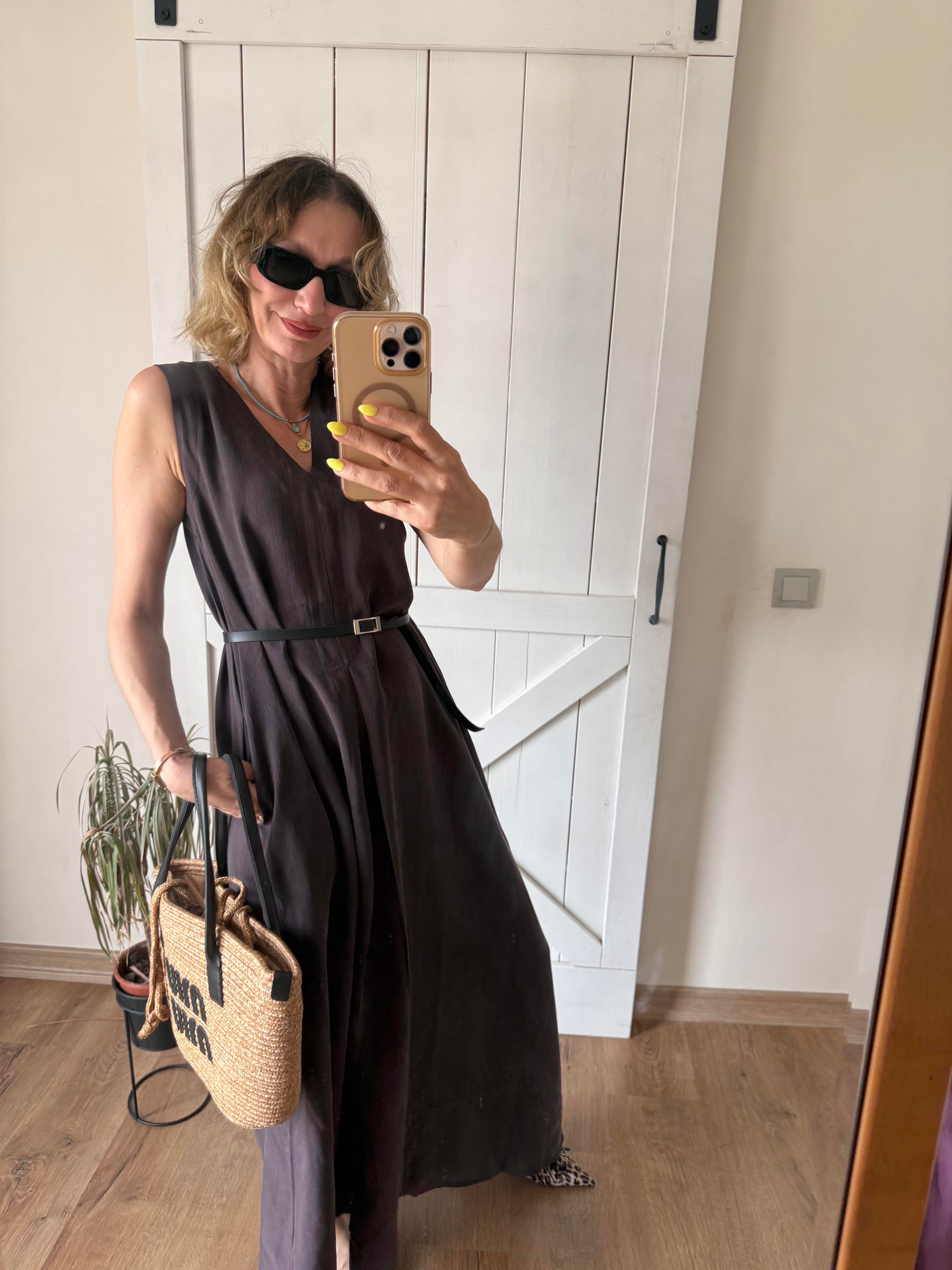 Kalın Askılı V Yaka Max Boy Kahve Kos Elbise