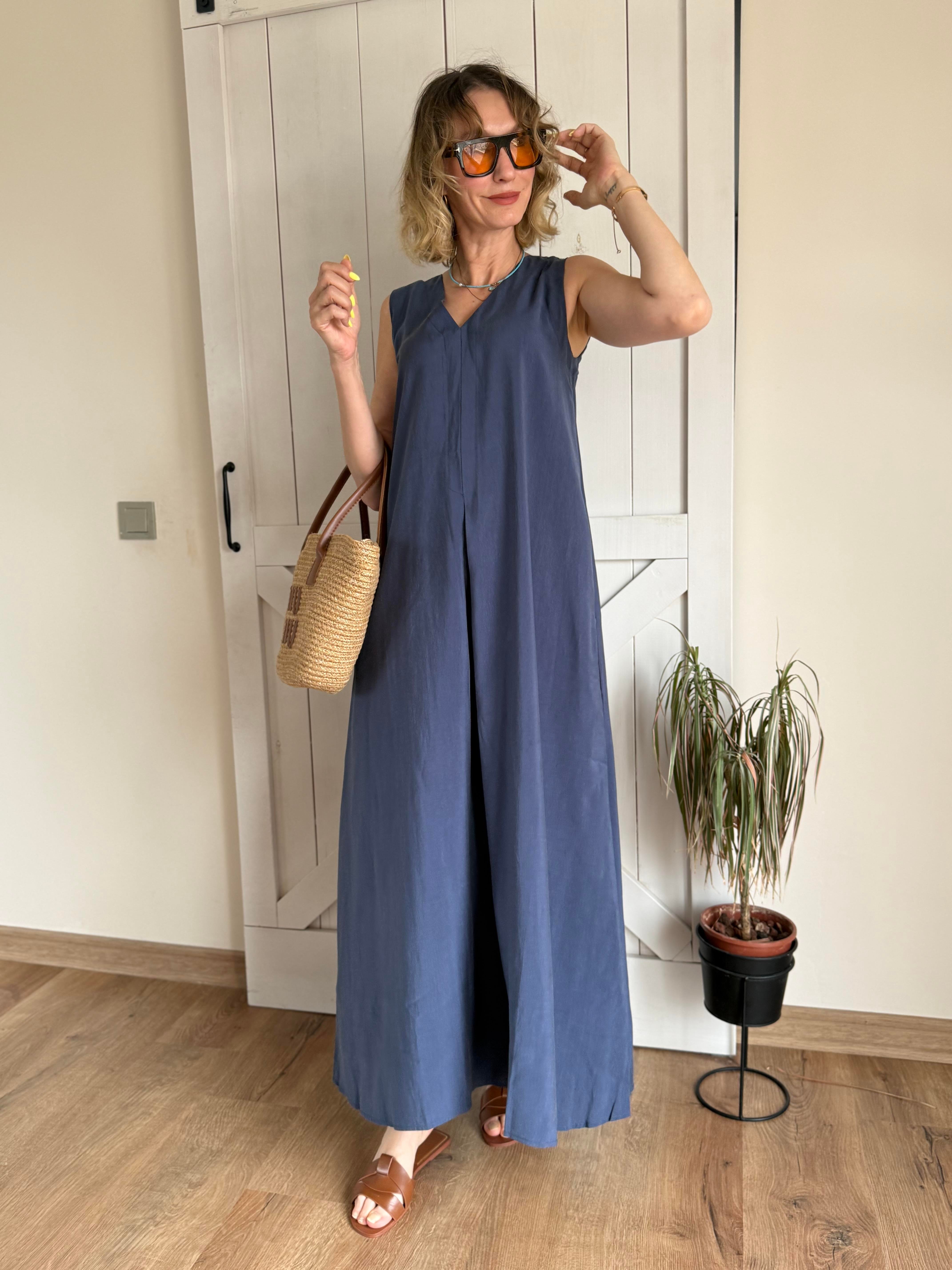 Kalın Askılı V Yaka Max Boy Lacivert Elbise