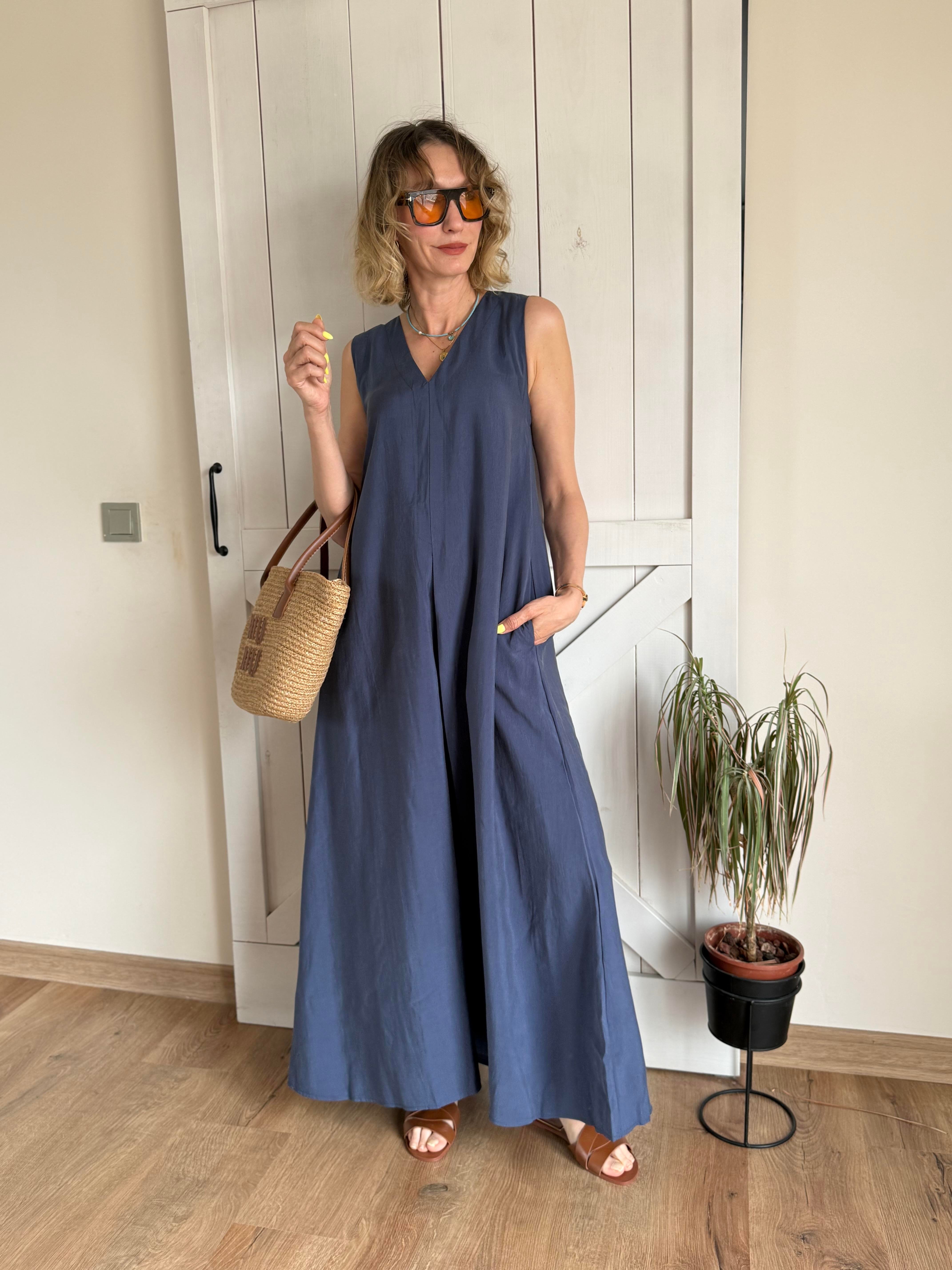 Kalın Askılı V Yaka Max Boy Lacivert Elbise