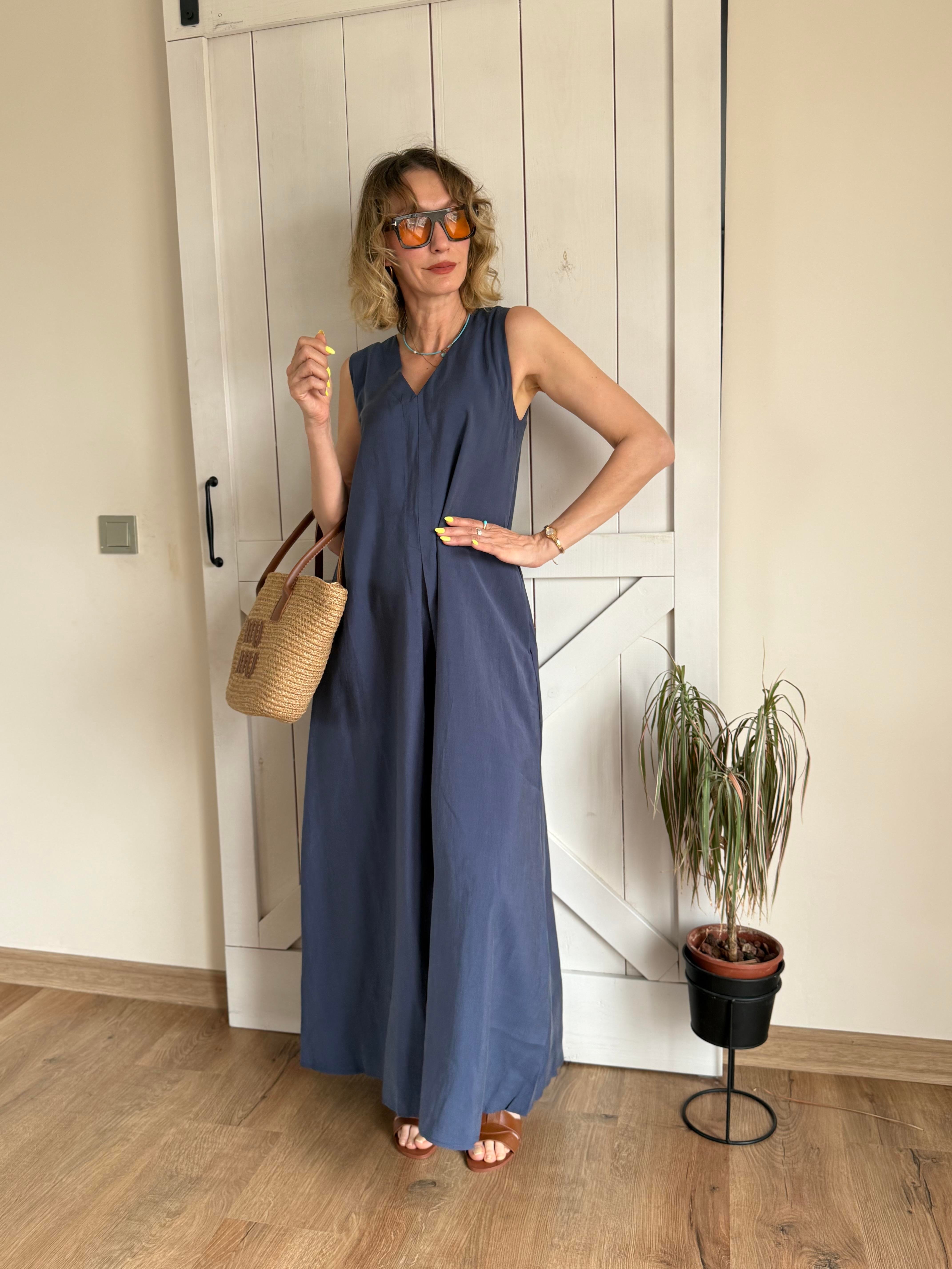 Kalın Askılı V Yaka Max Boy Lacivert Elbise