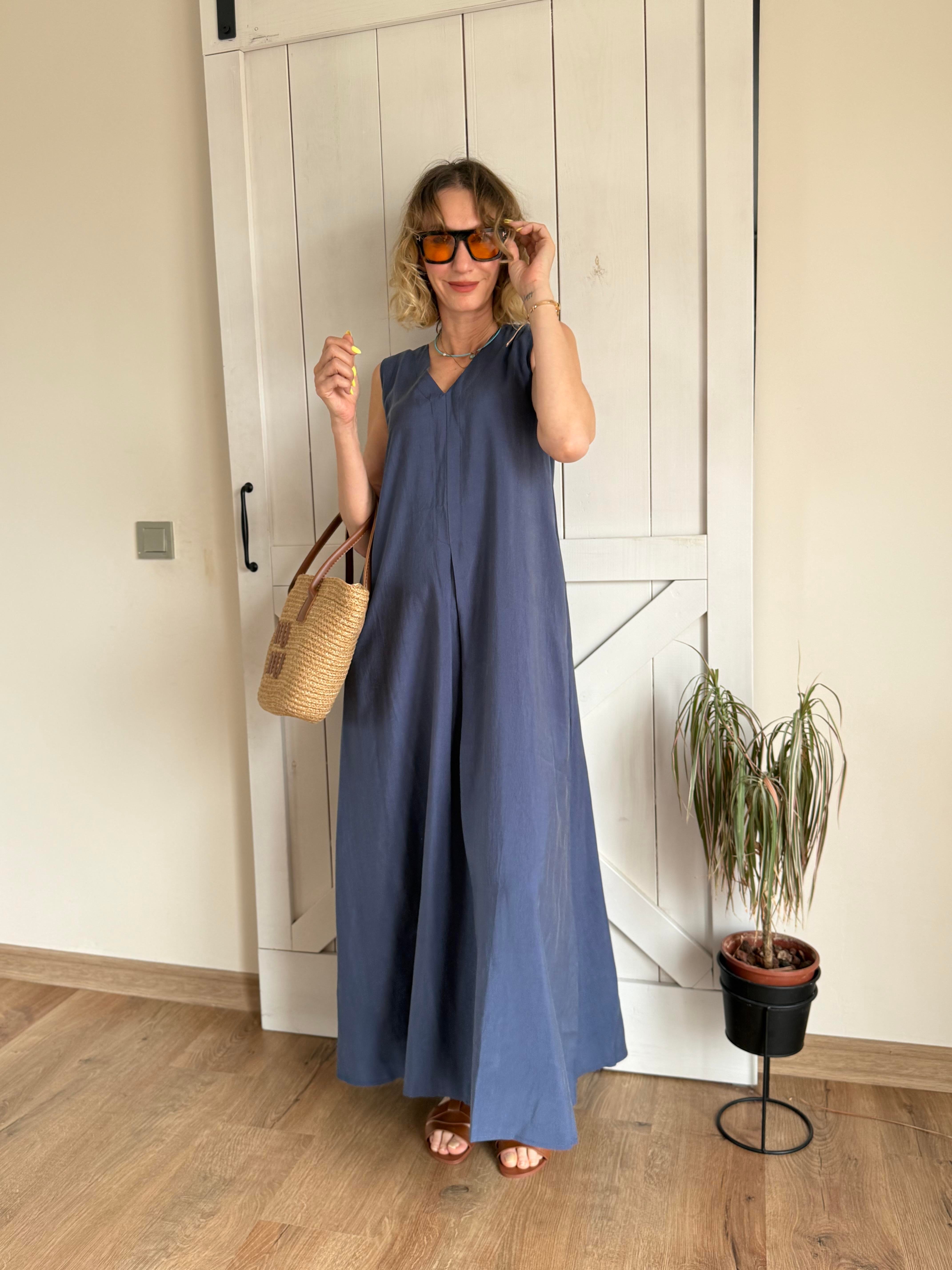 Kalın Askılı V Yaka Max Boy Lacivert Elbise