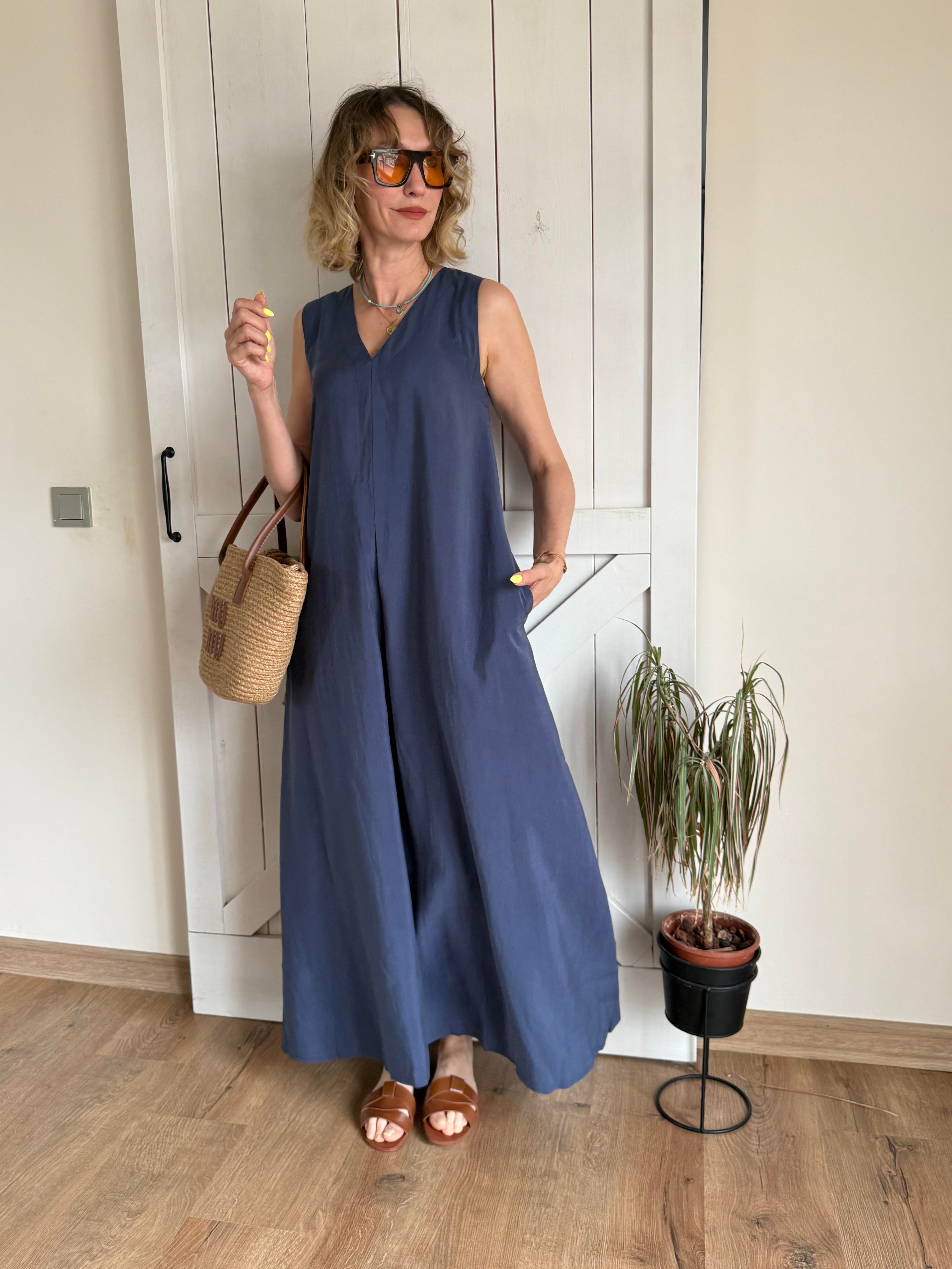 Kalın Askılı V Yaka Max Boy Lacivert Elbise