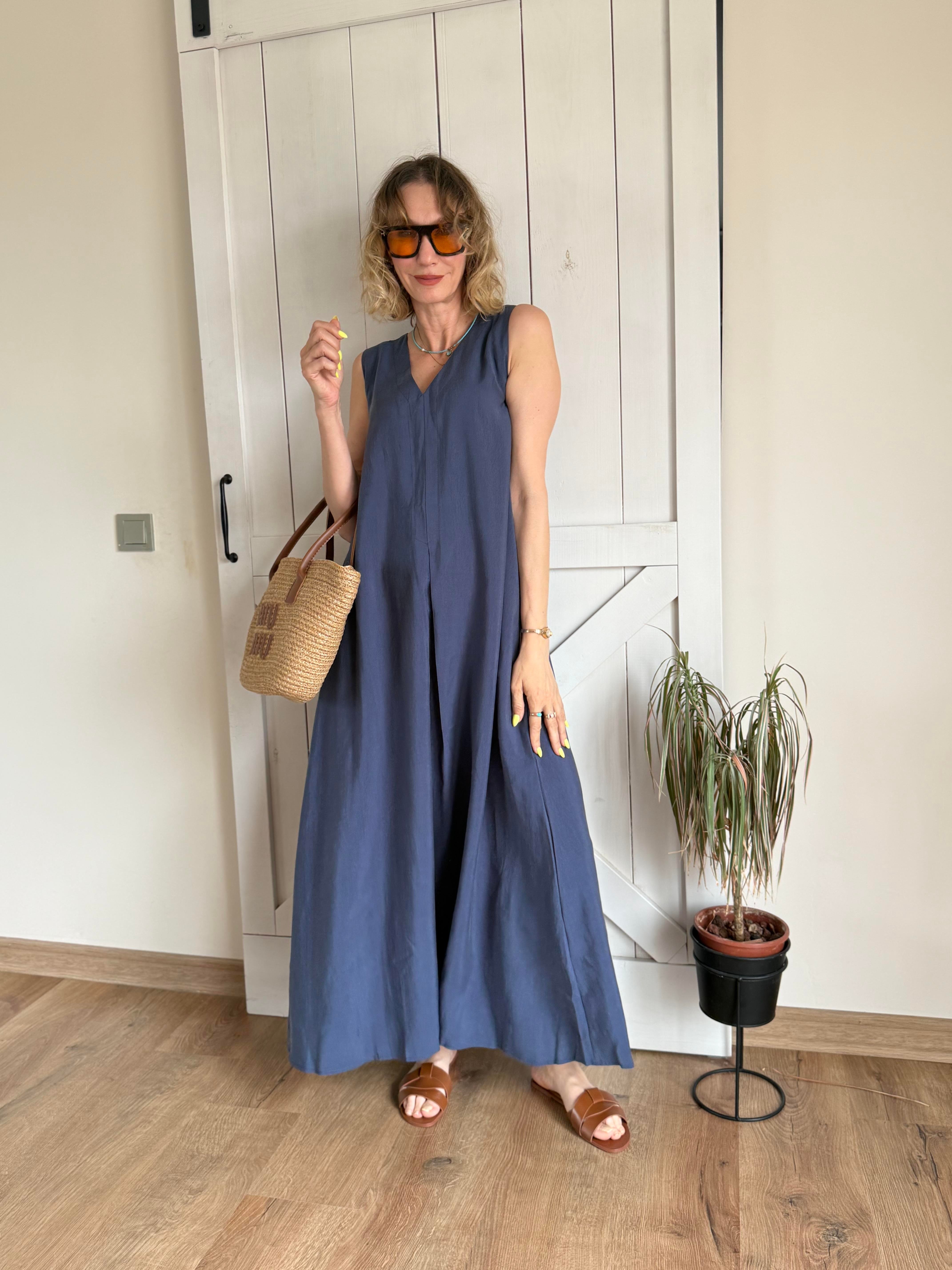 Kalın Askılı V Yaka Max Boy Lacivert Elbise