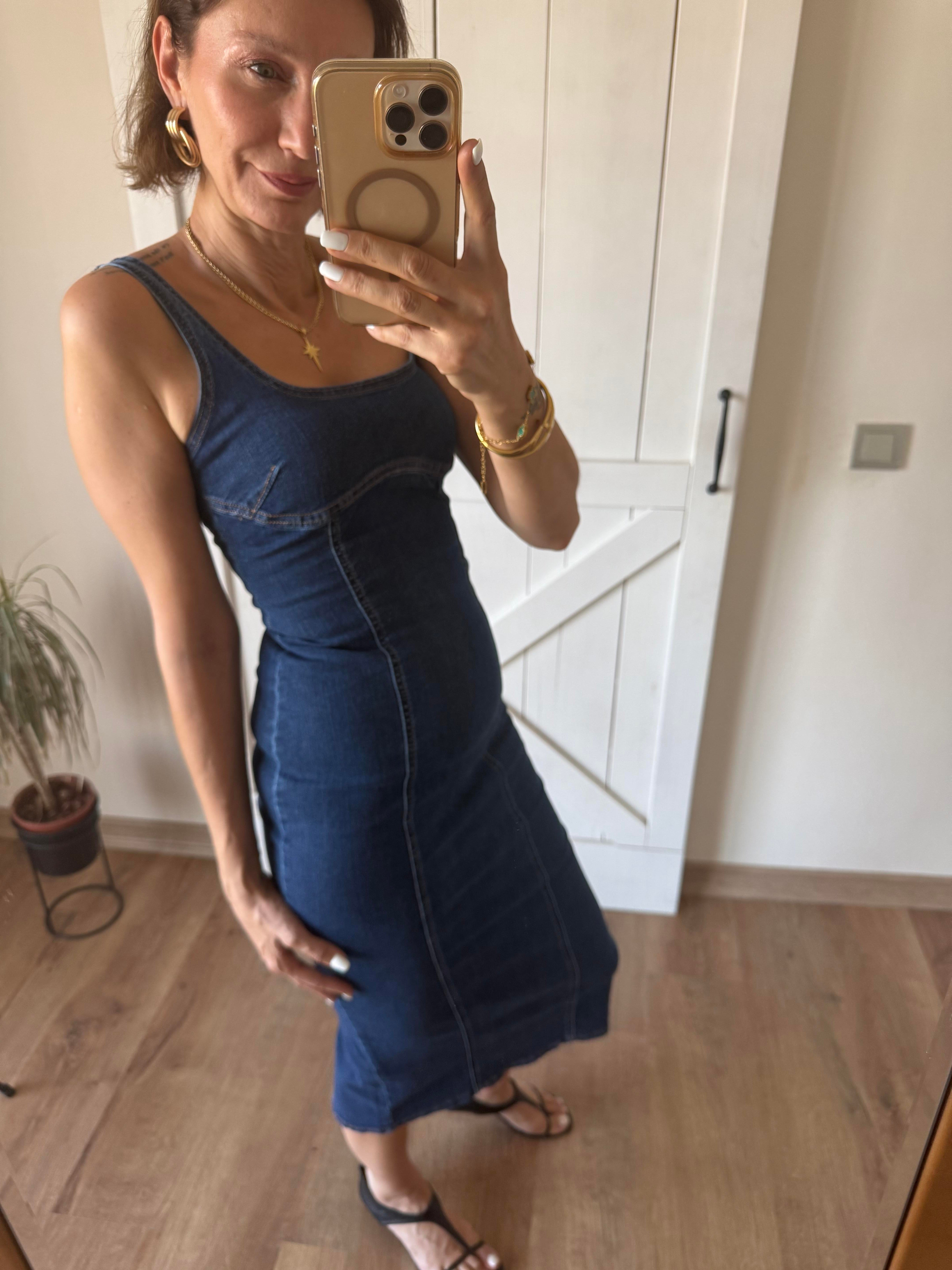 Kare Yaka Denim Elbise