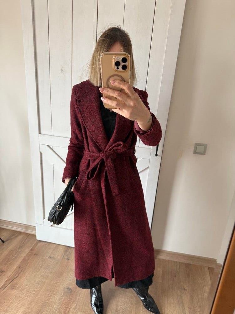 Kaşe Keçe Bordo Kuşak Detaylı Uzun Kaban