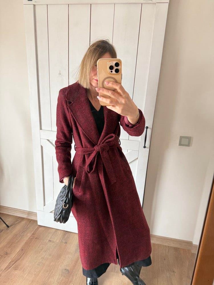 Kaşe Keçe Bordo Kuşak Detaylı Uzun Kaban