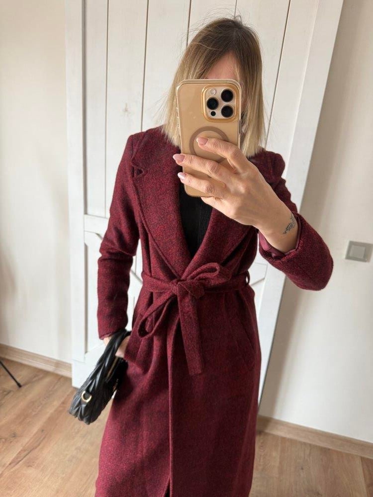 Kaşe Keçe Bordo Kuşak Detaylı Uzun Kaban