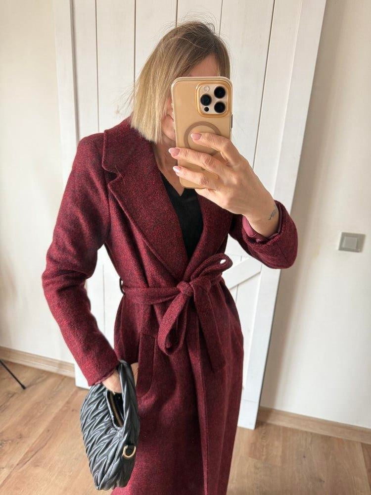 Kaşe Keçe Bordo Kuşak Detaylı Uzun Kaban