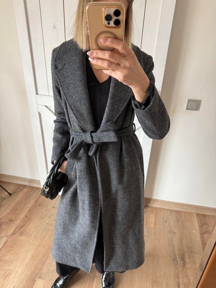 Kaşe Keçe Gri Kuşak Detaylı Uzun Kaban