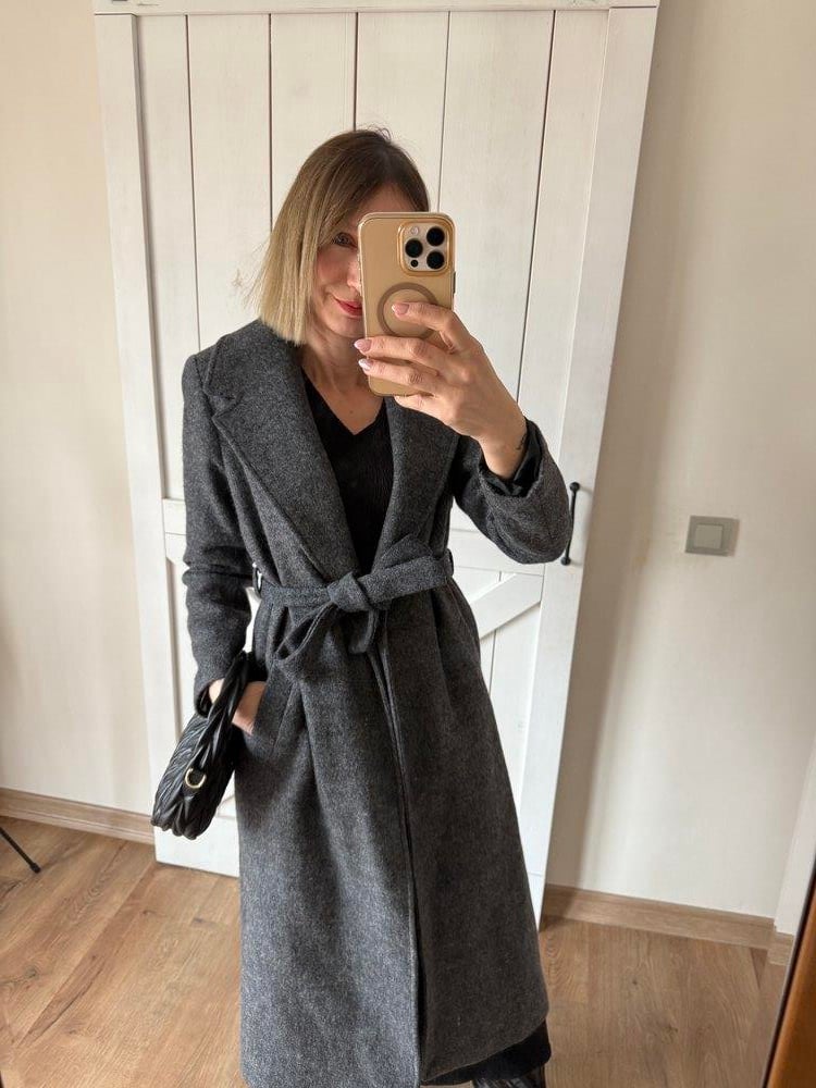 Kaşe Keçe Gri Kuşak Detaylı Uzun Kaban