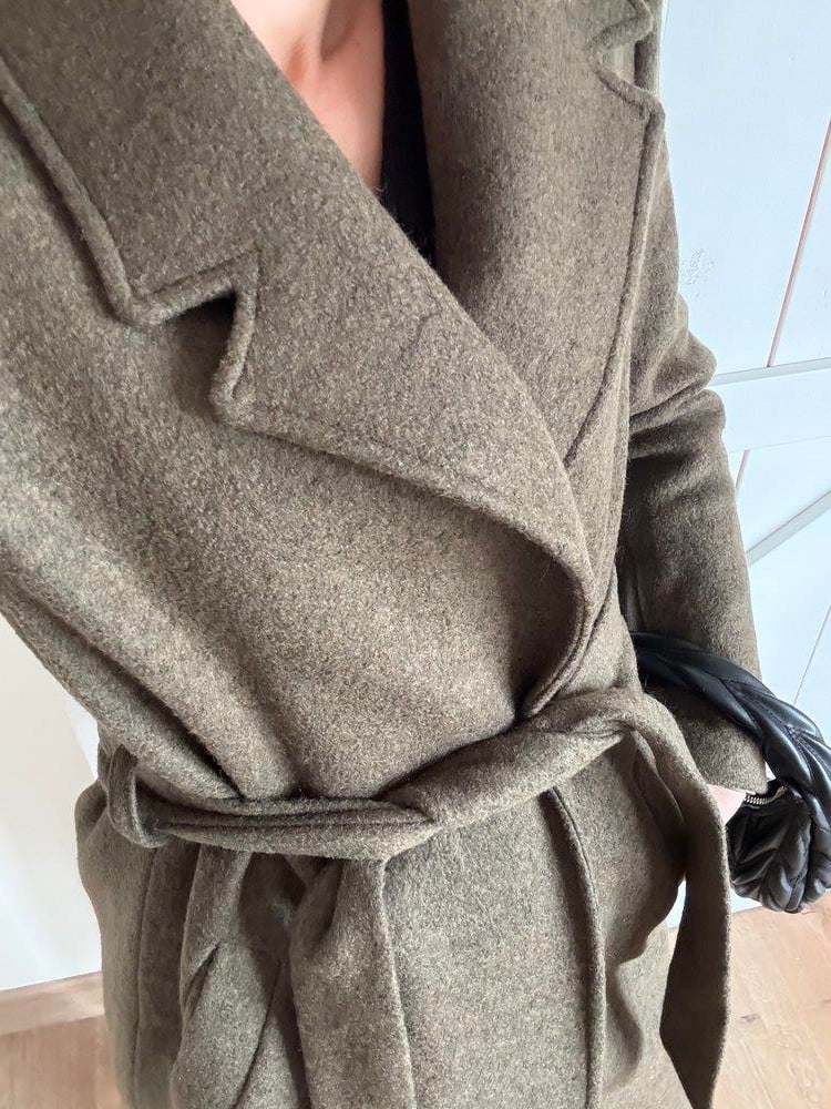 Kaşe Keçe Haki Kuşak Detaylı Uzun Kaban