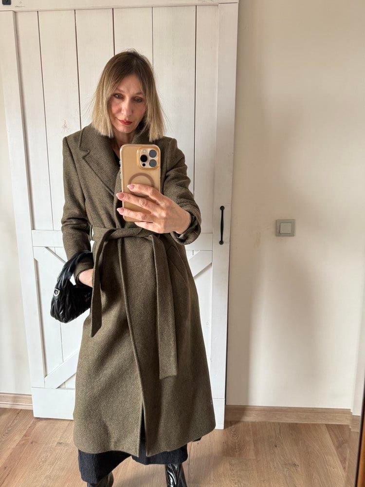 Kaşe Keçe Haki Kuşak Detaylı Uzun Kaban