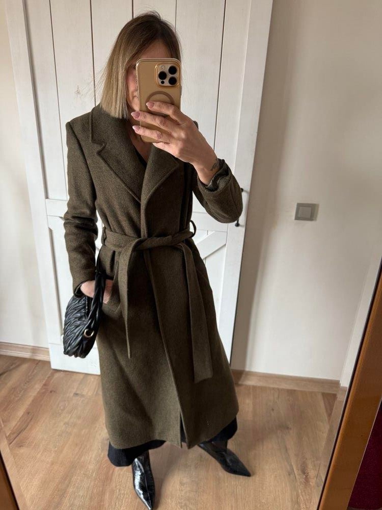 Kaşe Keçe Haki Kuşak Detaylı Uzun Kaban