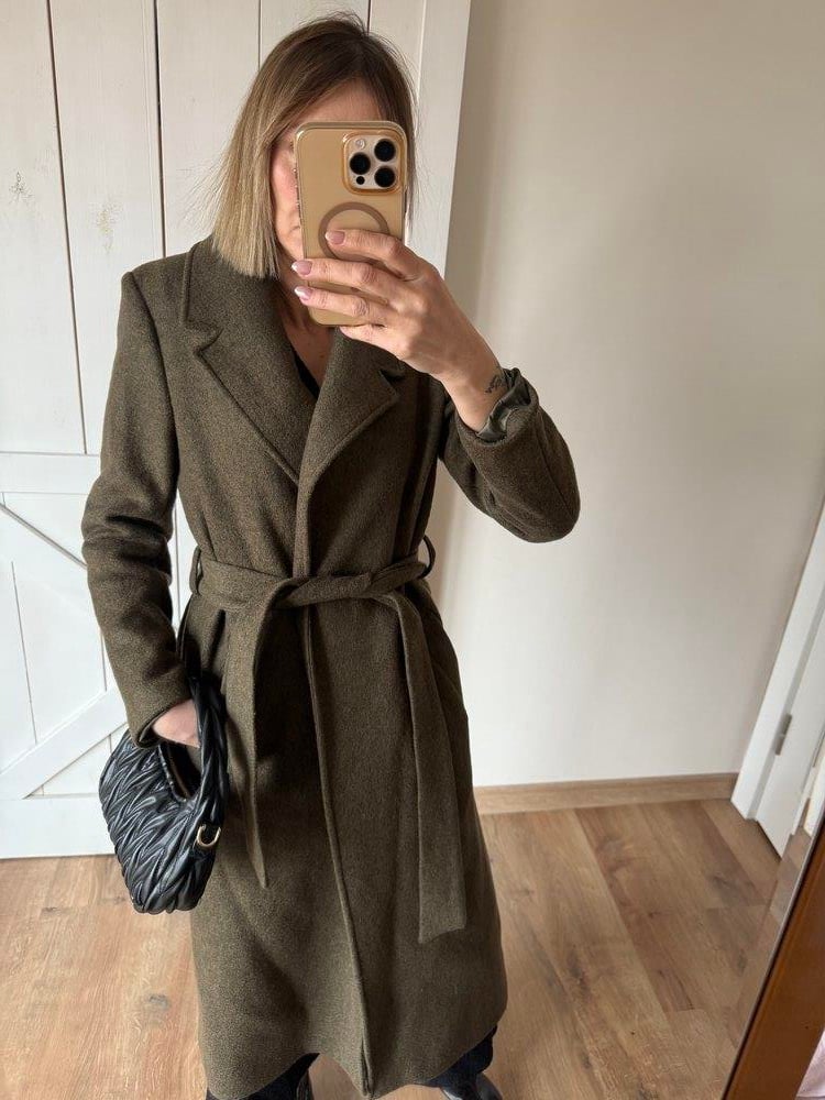 Kaşe Keçe Haki Kuşak Detaylı Uzun Kaban