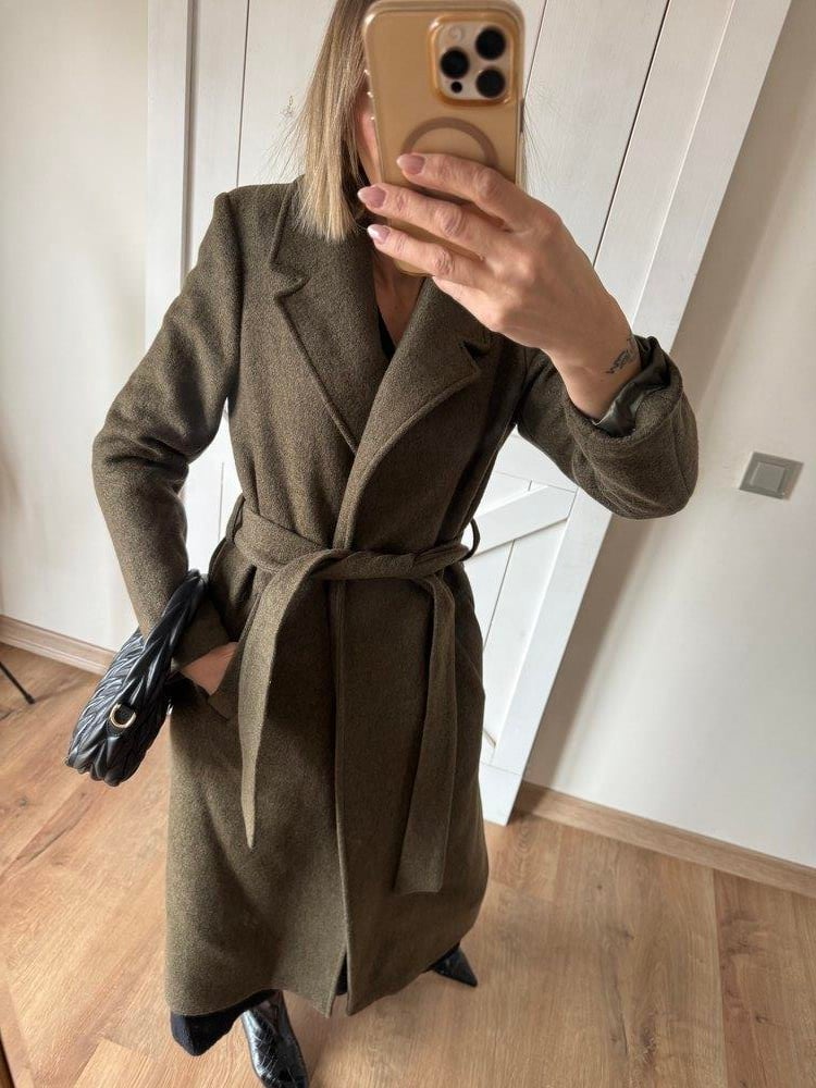 Kaşe Keçe Haki Kuşak Detaylı Uzun Kaban