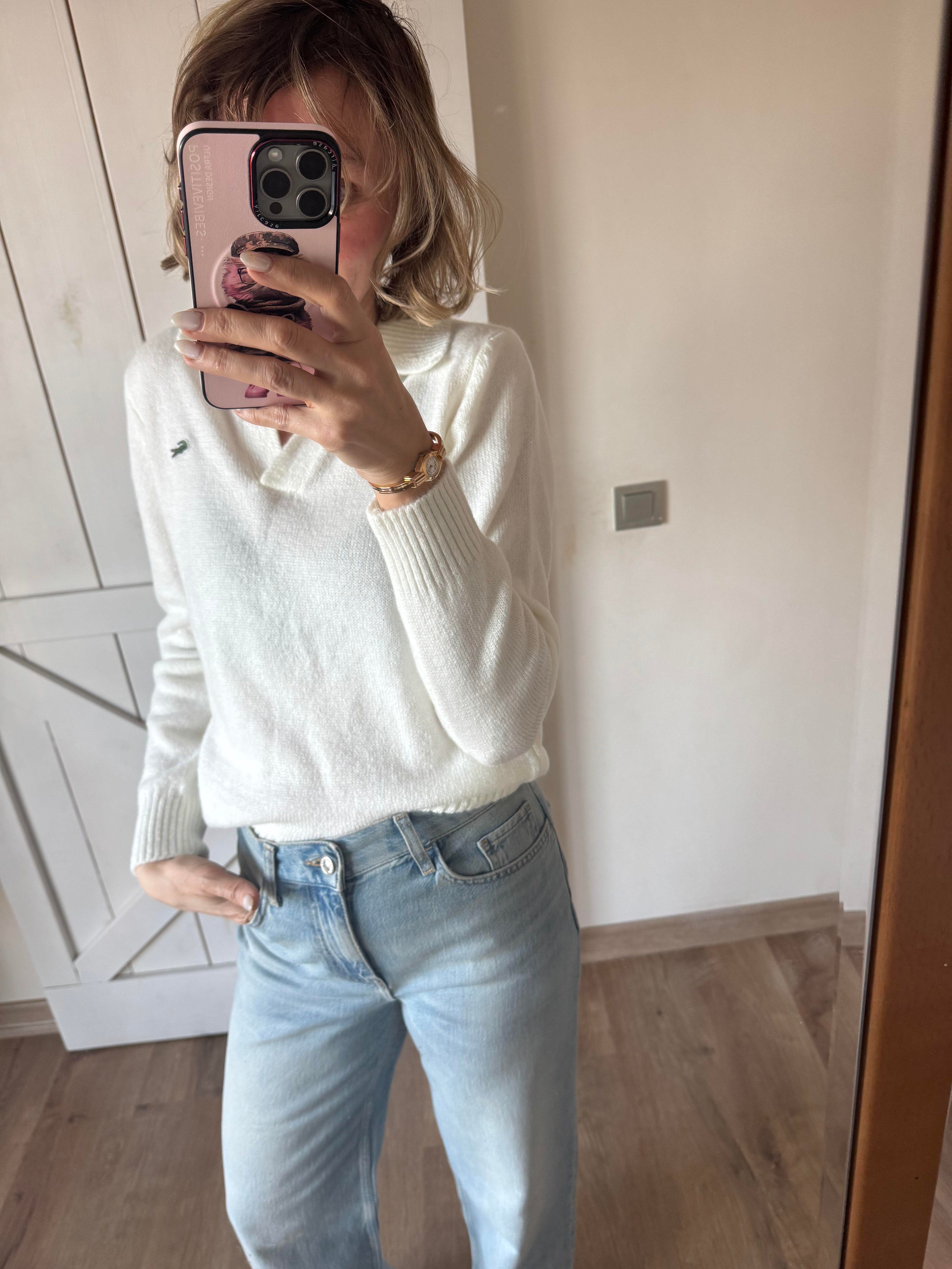 Kaşmir Beyaz Polo Yaka Sweat