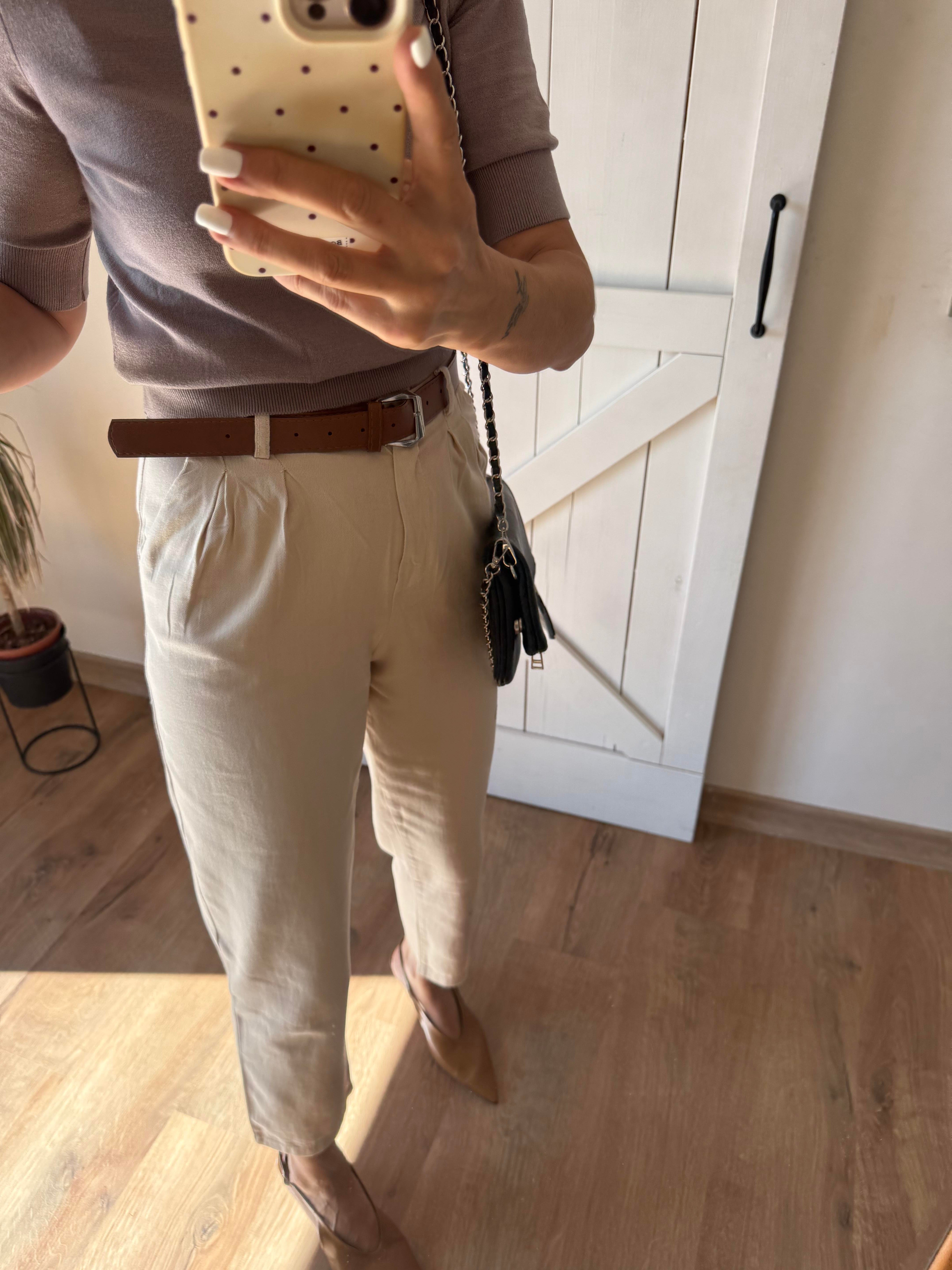 Kemerli Bej Keten Pantolon