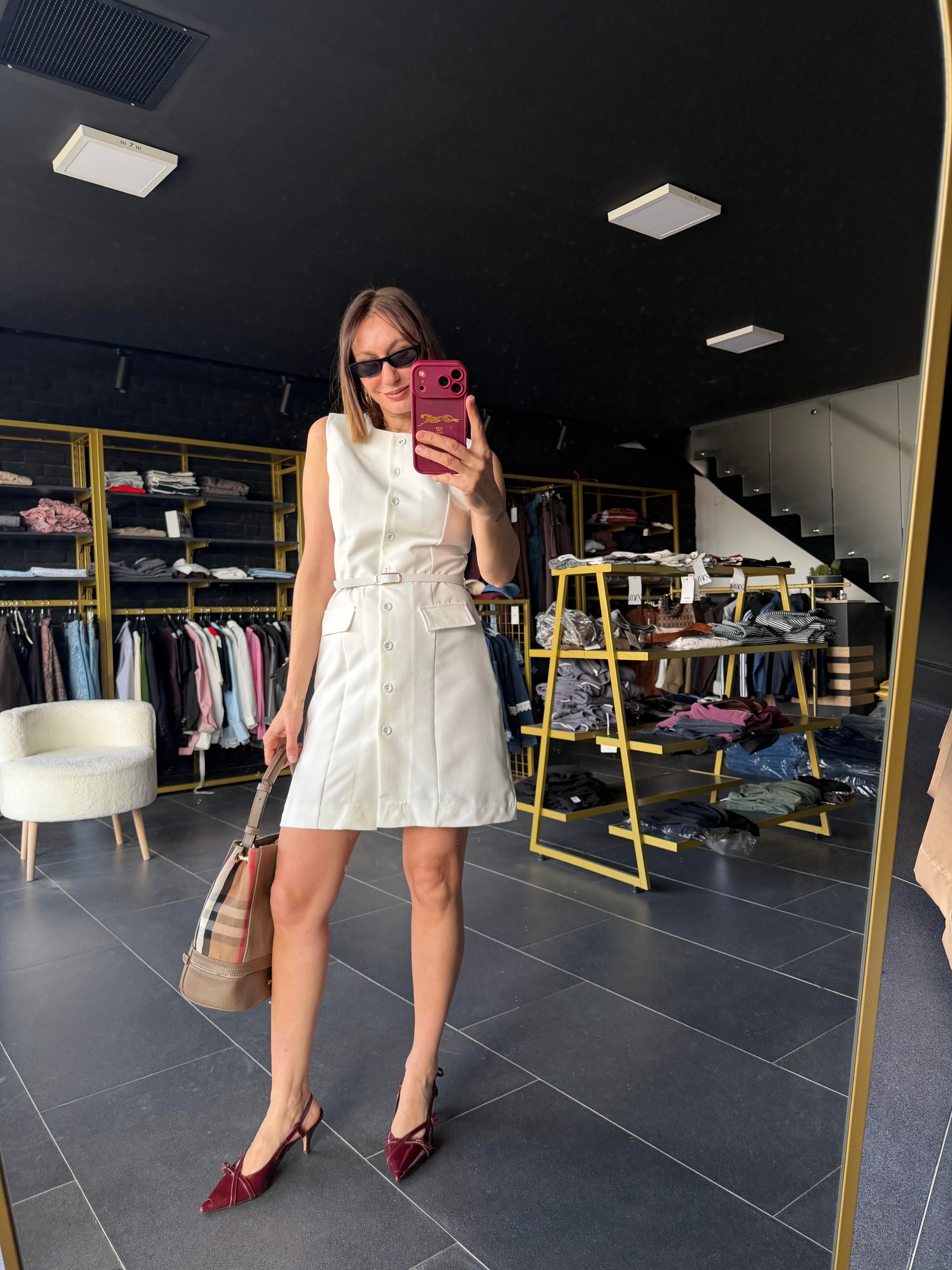 Kemerli Beyaz Work Elbise