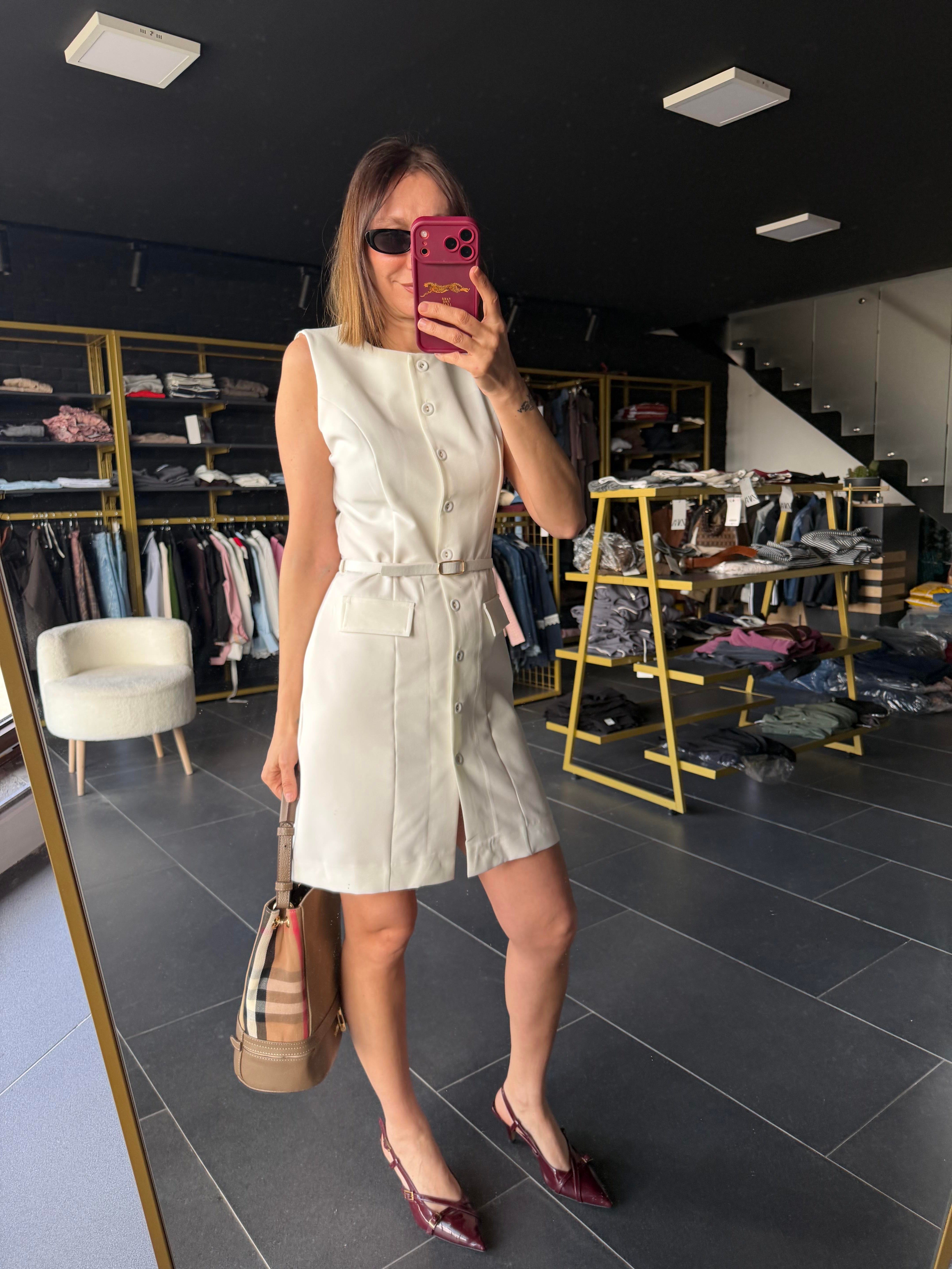 Kemerli Beyaz Work Elbise