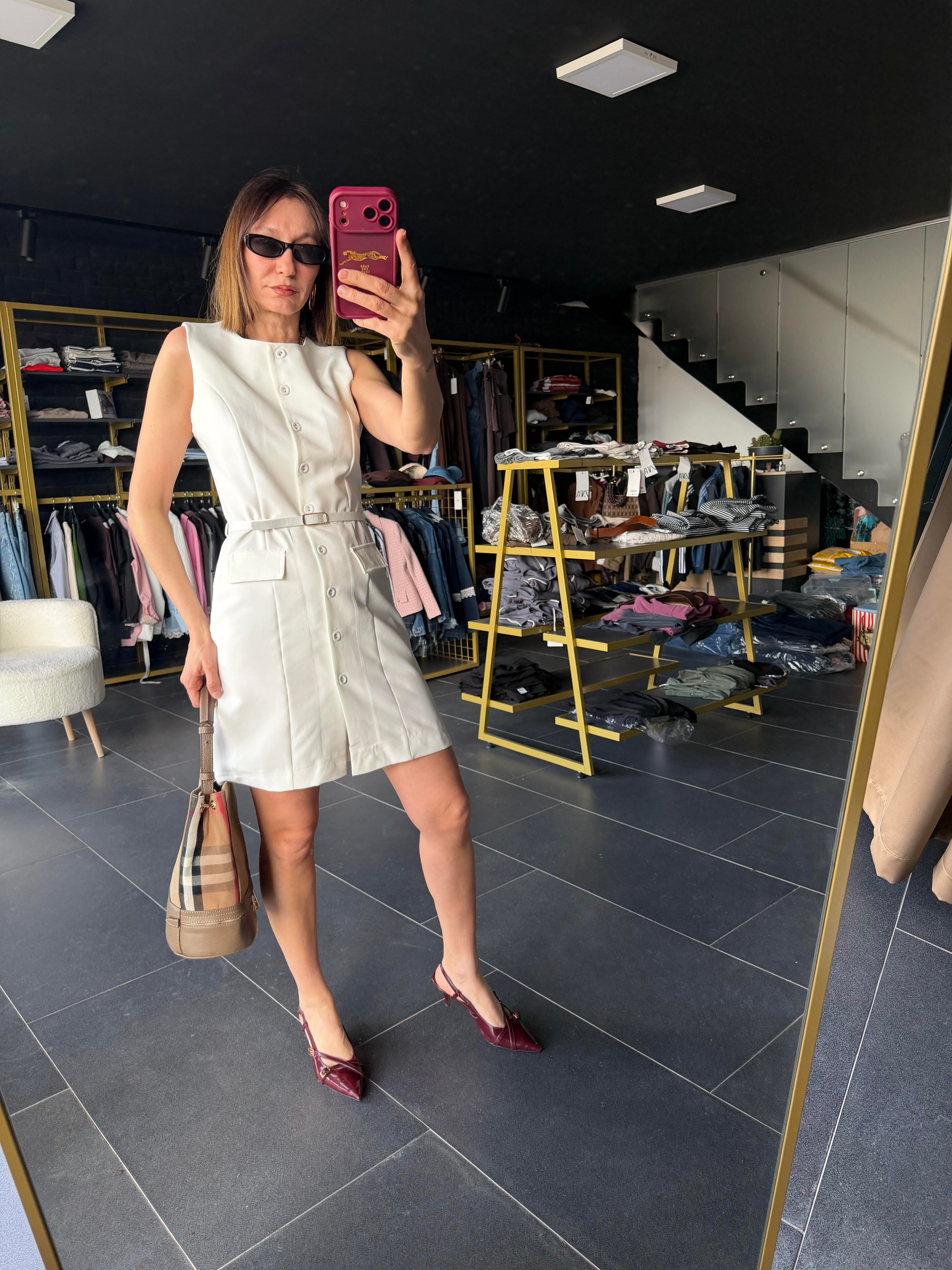 Kemerli Beyaz Work Elbise