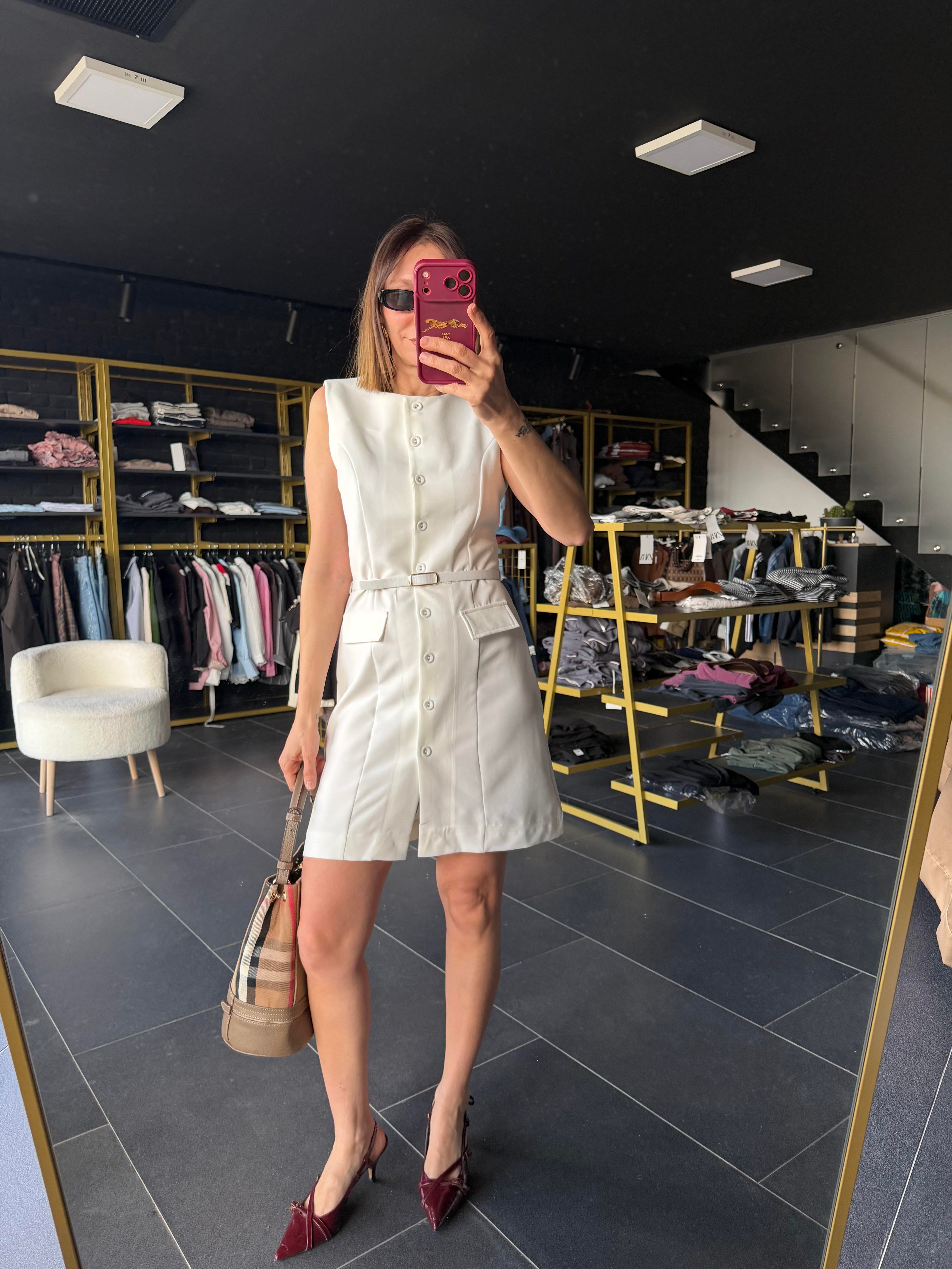 Kemerli Beyaz Work Elbise