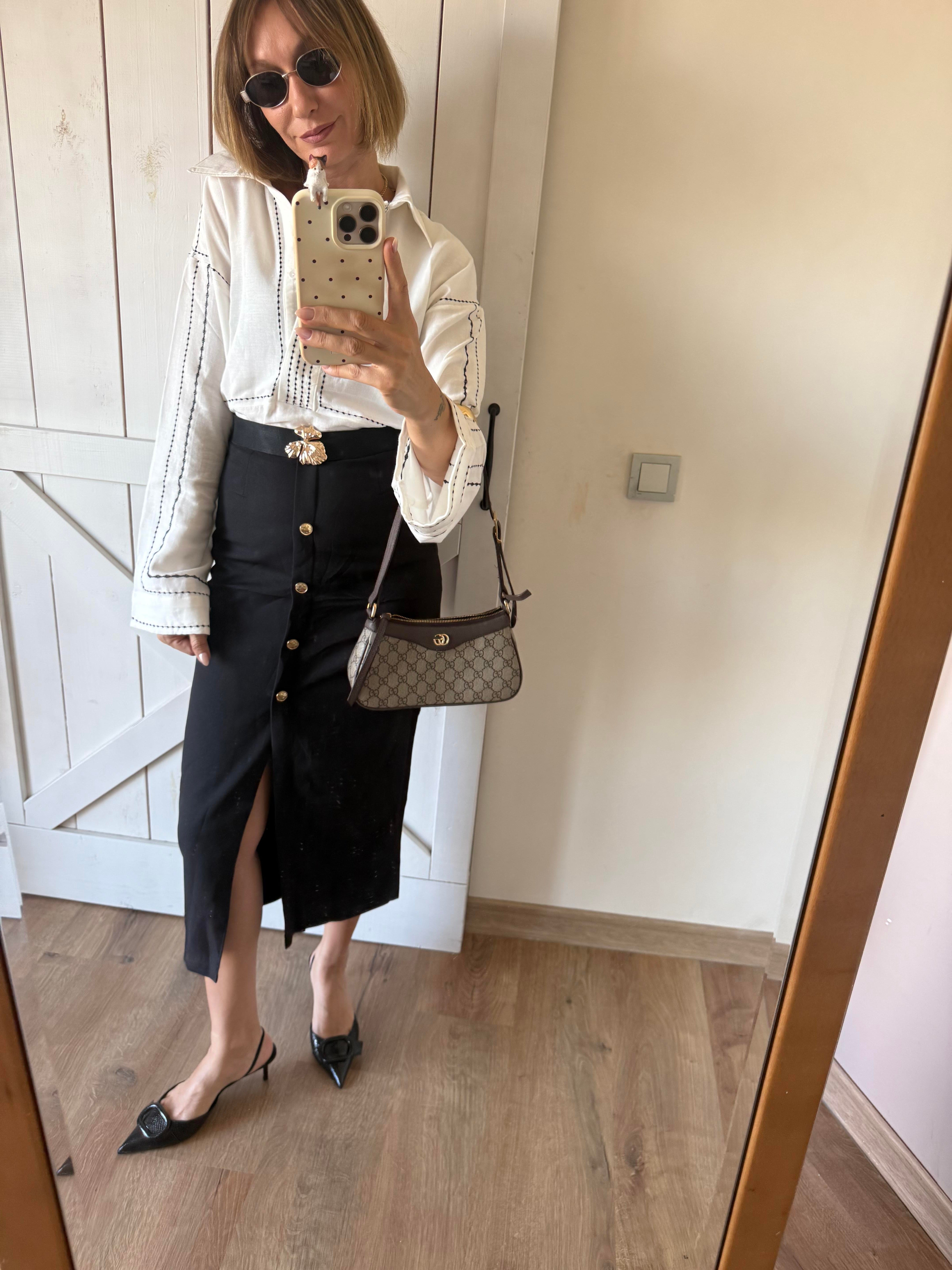 Kemerli Gold Düğmeli Kalem Etek