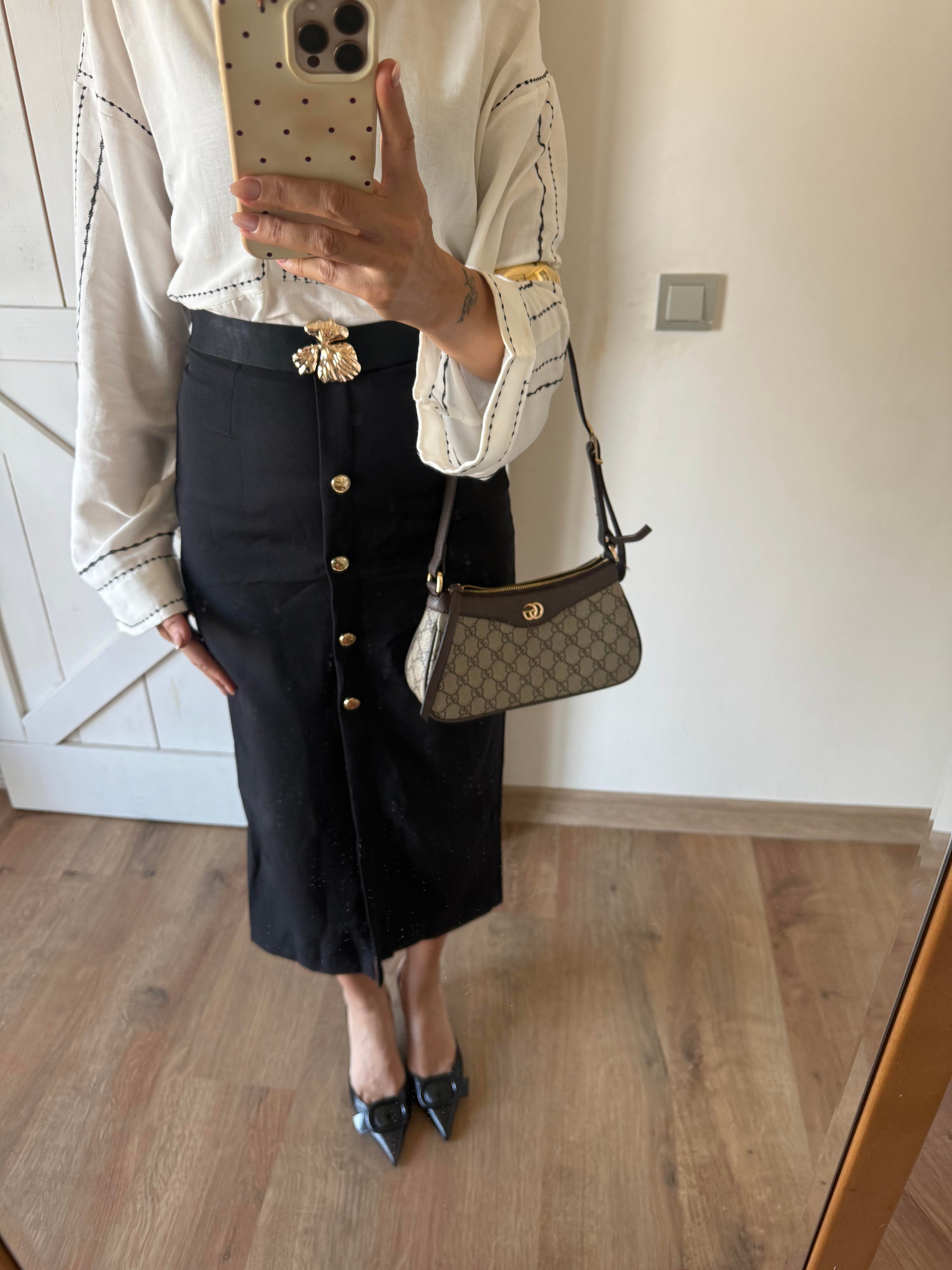 Kemerli Gold Düğmeli Kalem Etek