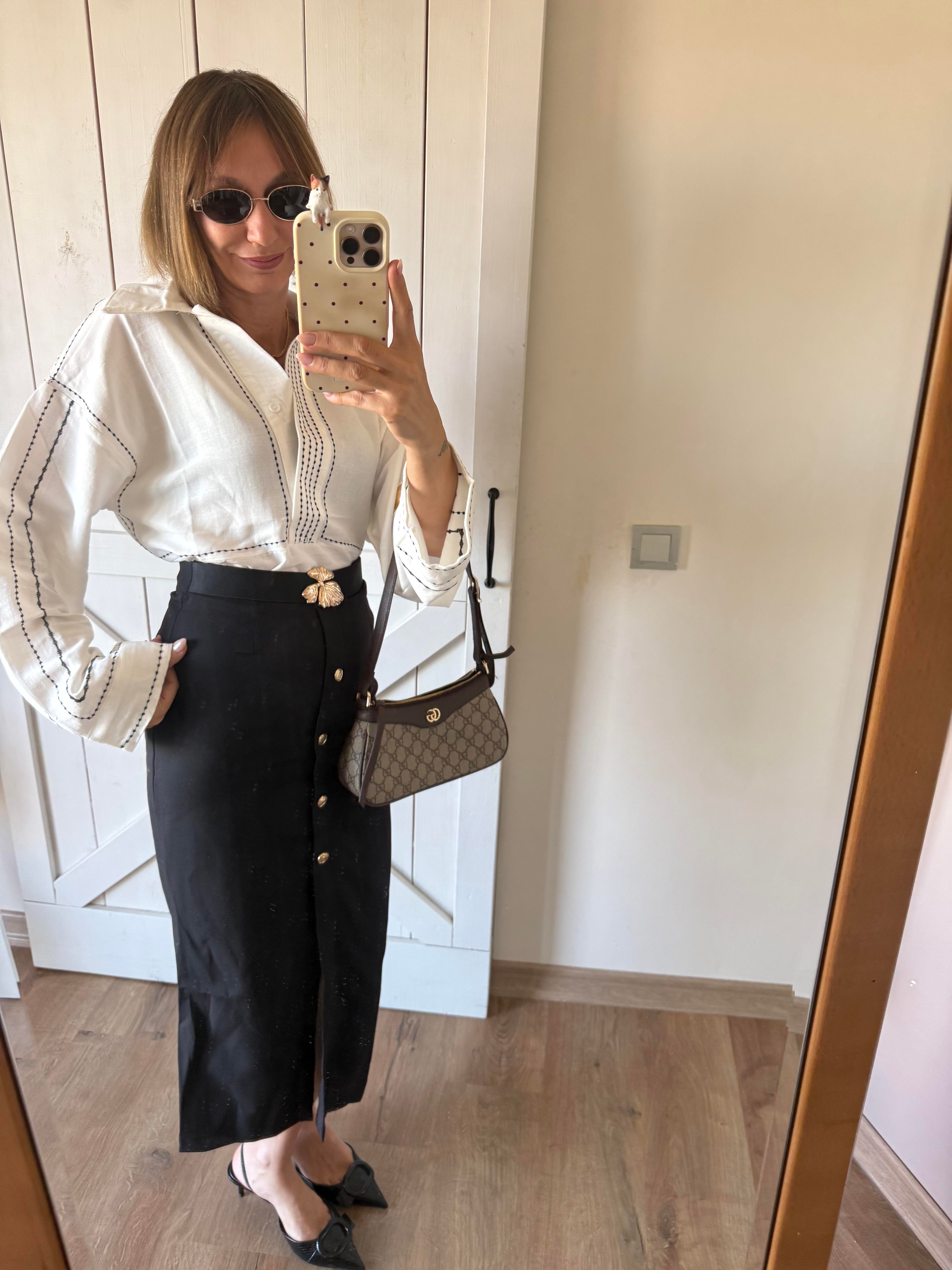 Kemerli Gold Düğmeli Kalem Etek