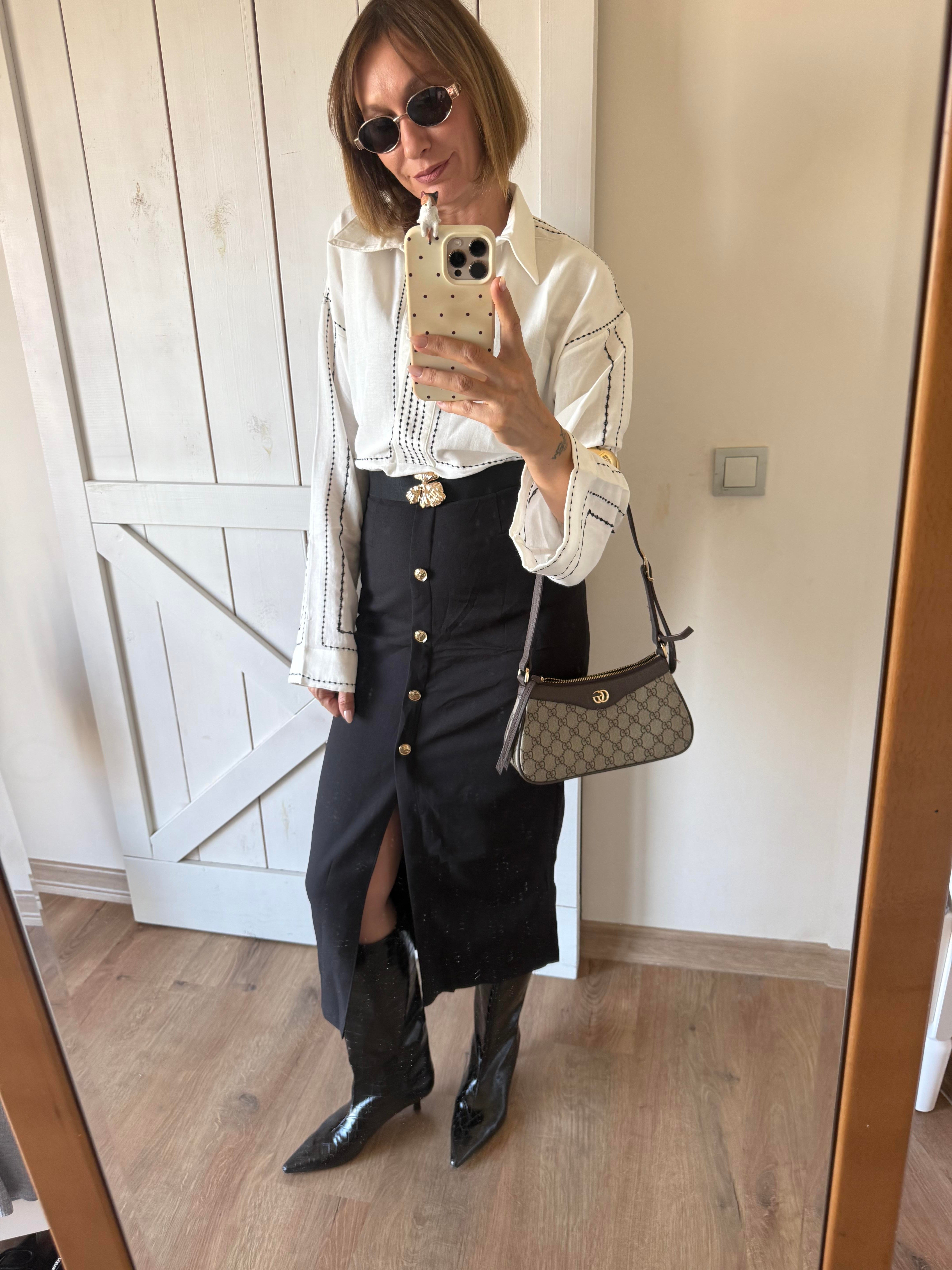 Kemerli Gold Düğmeli Kalem Etek