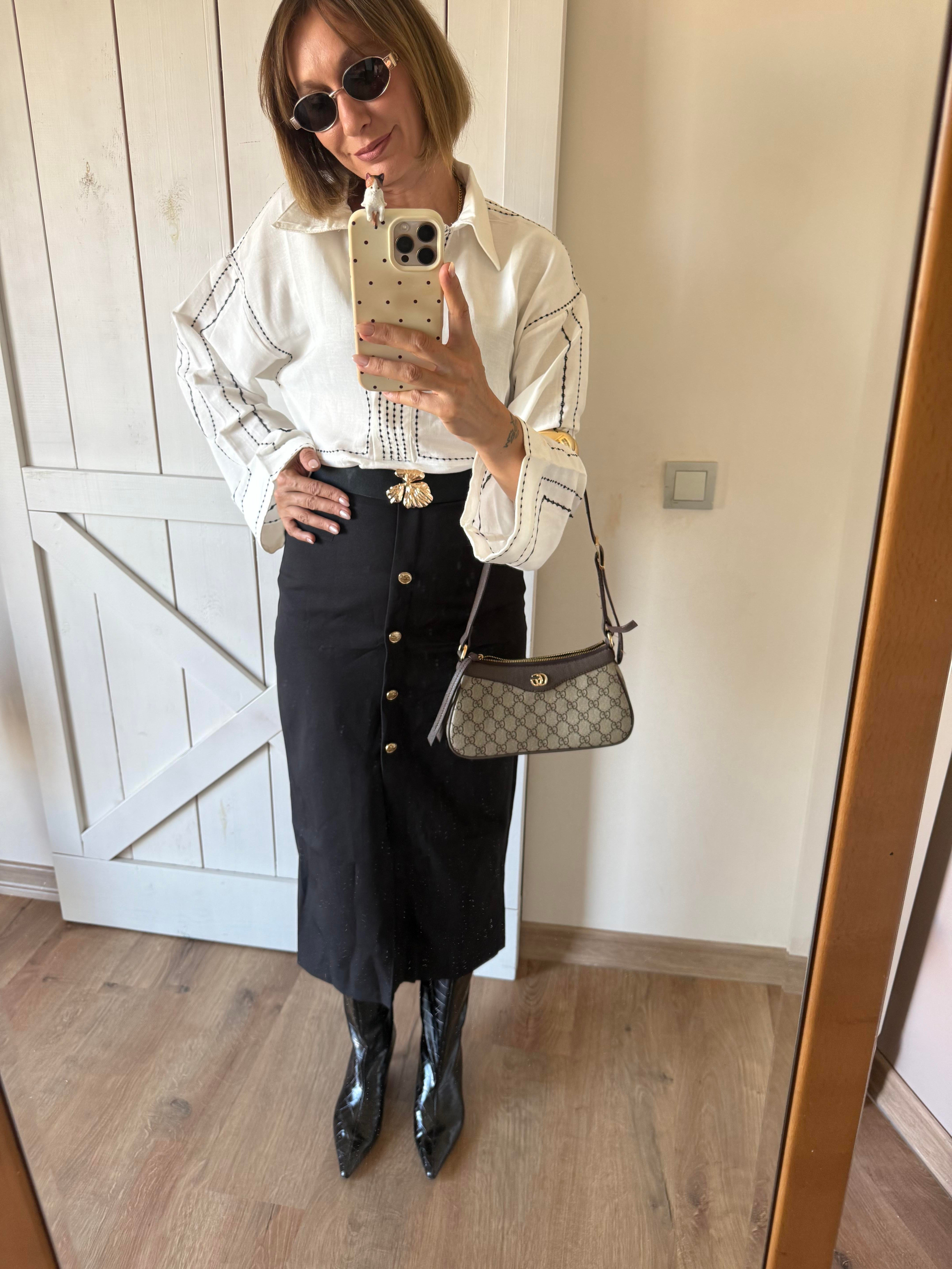 Kemerli Gold Düğmeli Kalem Etek